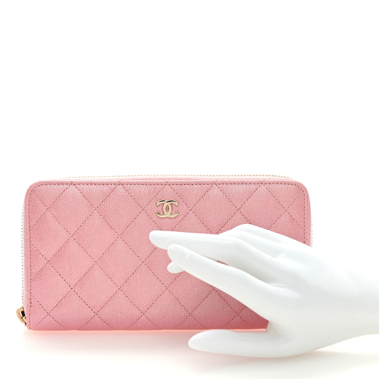 Metallic Caviar Quilted Large Gusset Zip Around Wallet Pink