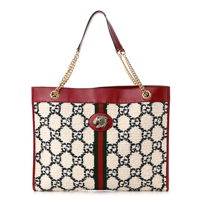 Gucci Tweed GG Monogram Large Rajah Chain Tote White Black Romantic Cherry 3 of 11