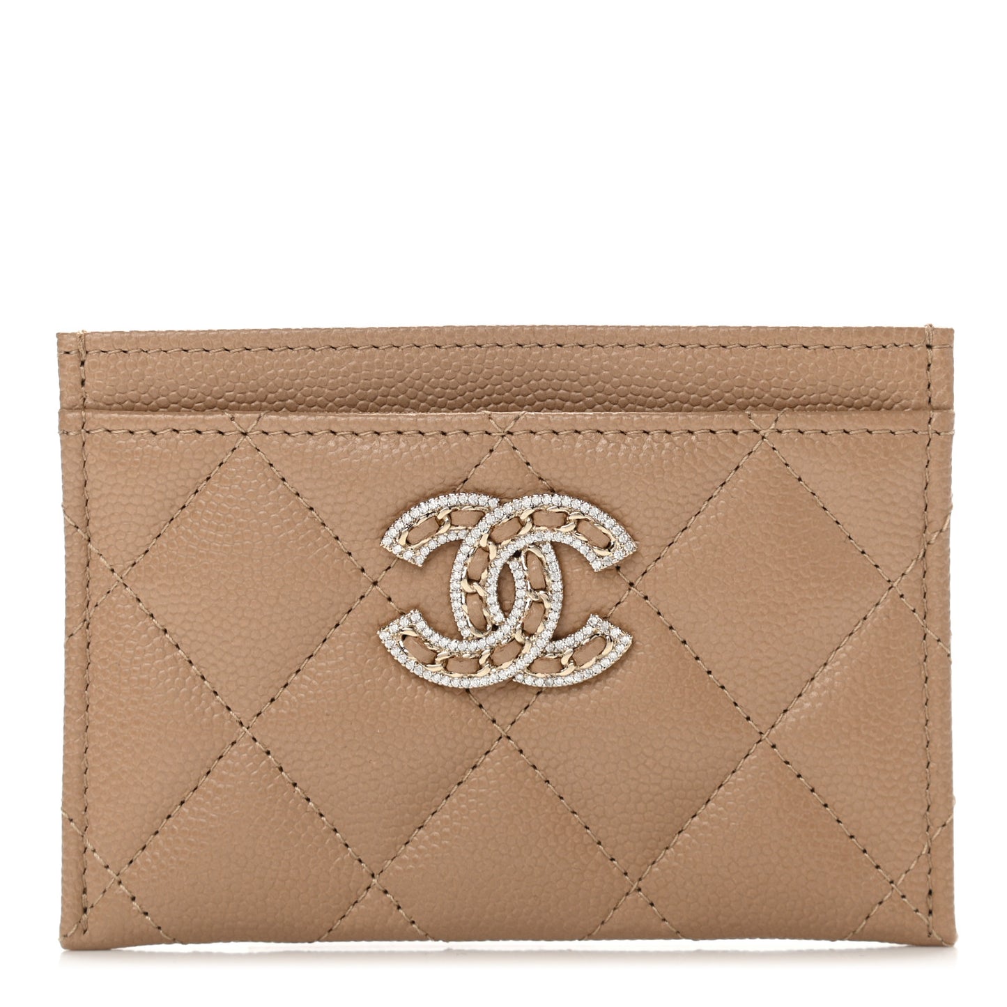Caviar Quilted Crystal Card Holder Beige