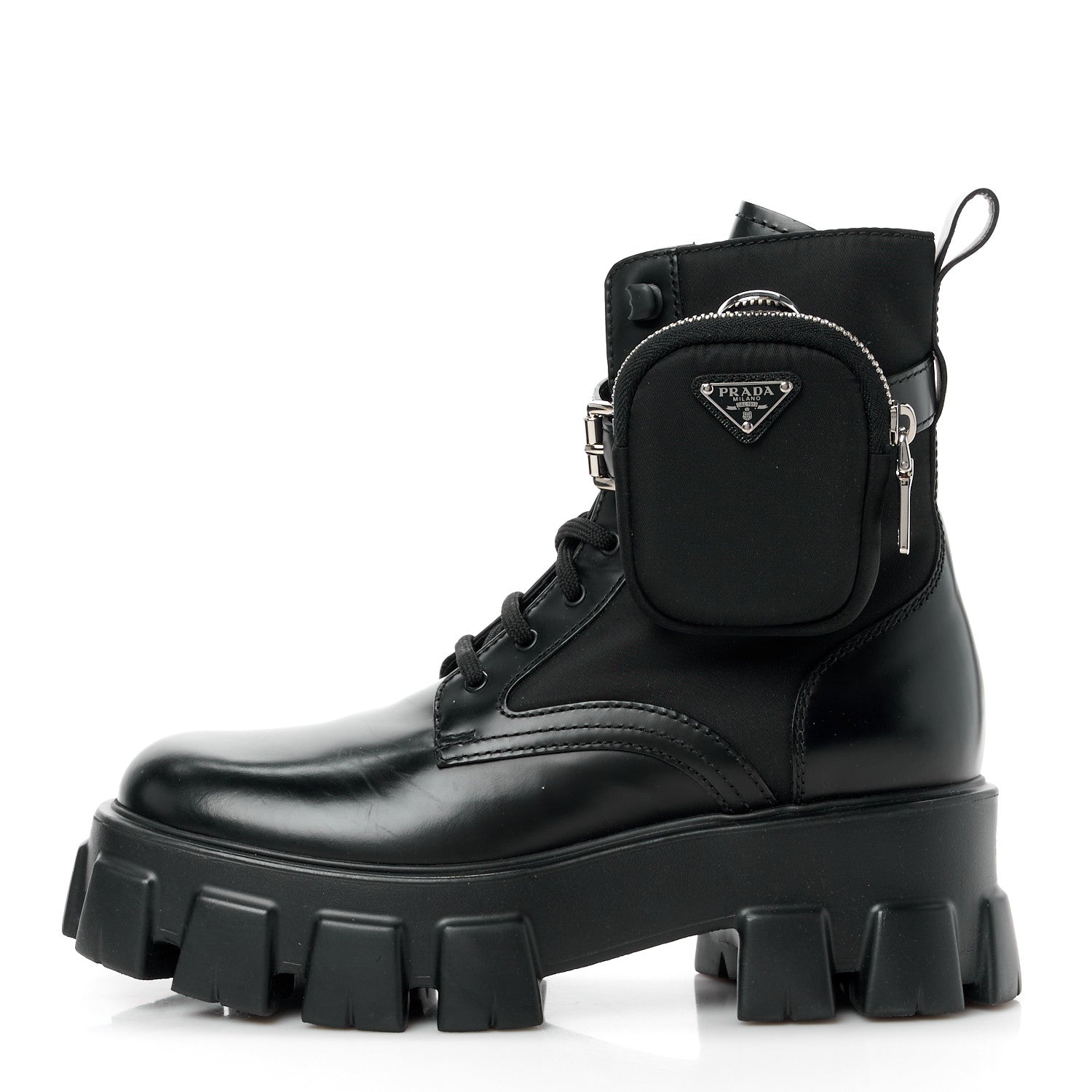 Prada Spazzolato Rois Nylon Metal Triangle Logo Monolith Pouch Pocket 55mm Boots 38.5 Black 1 of 11