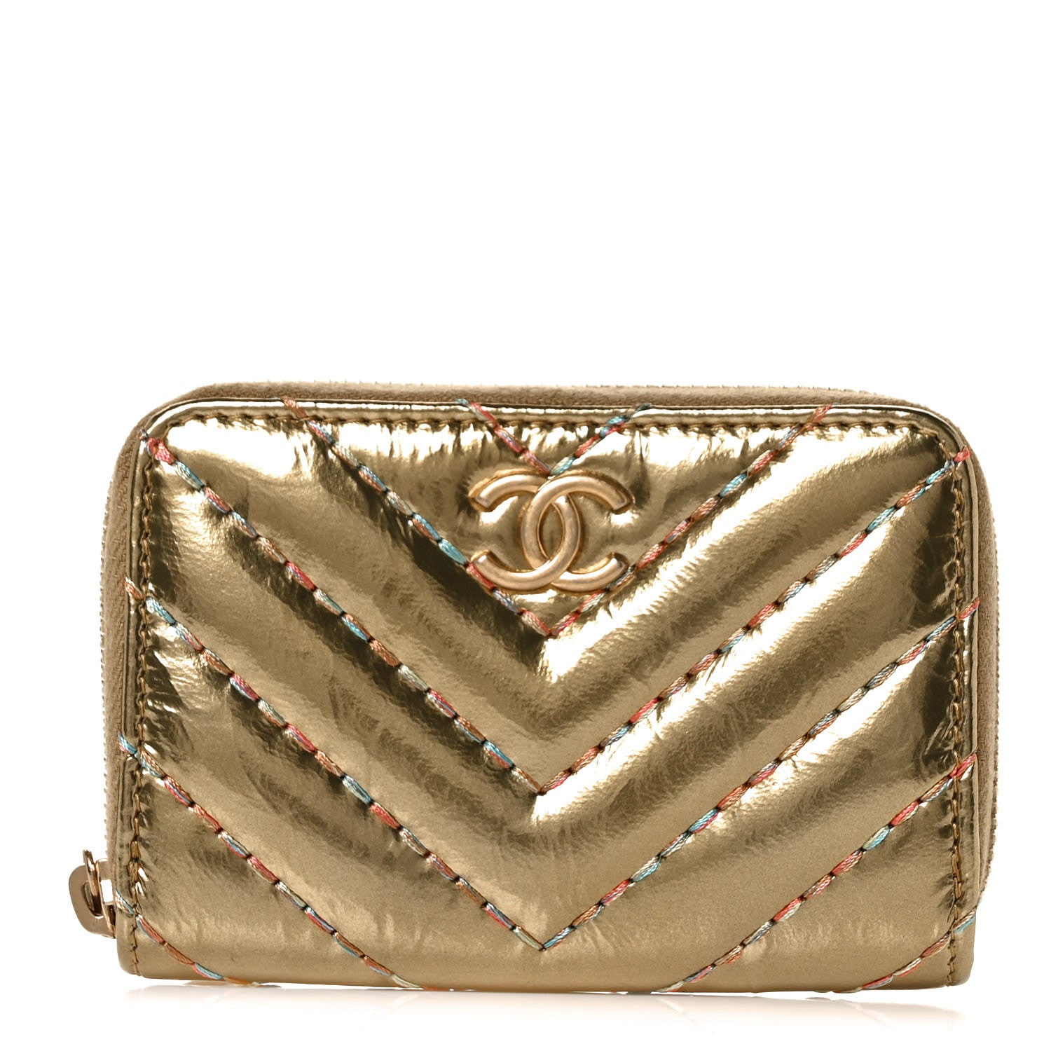 Chanel Metallic Aged Calfskin Chevron Quilted Multicolor Stitch Zip Around Coin Purse Gold 1 of 10