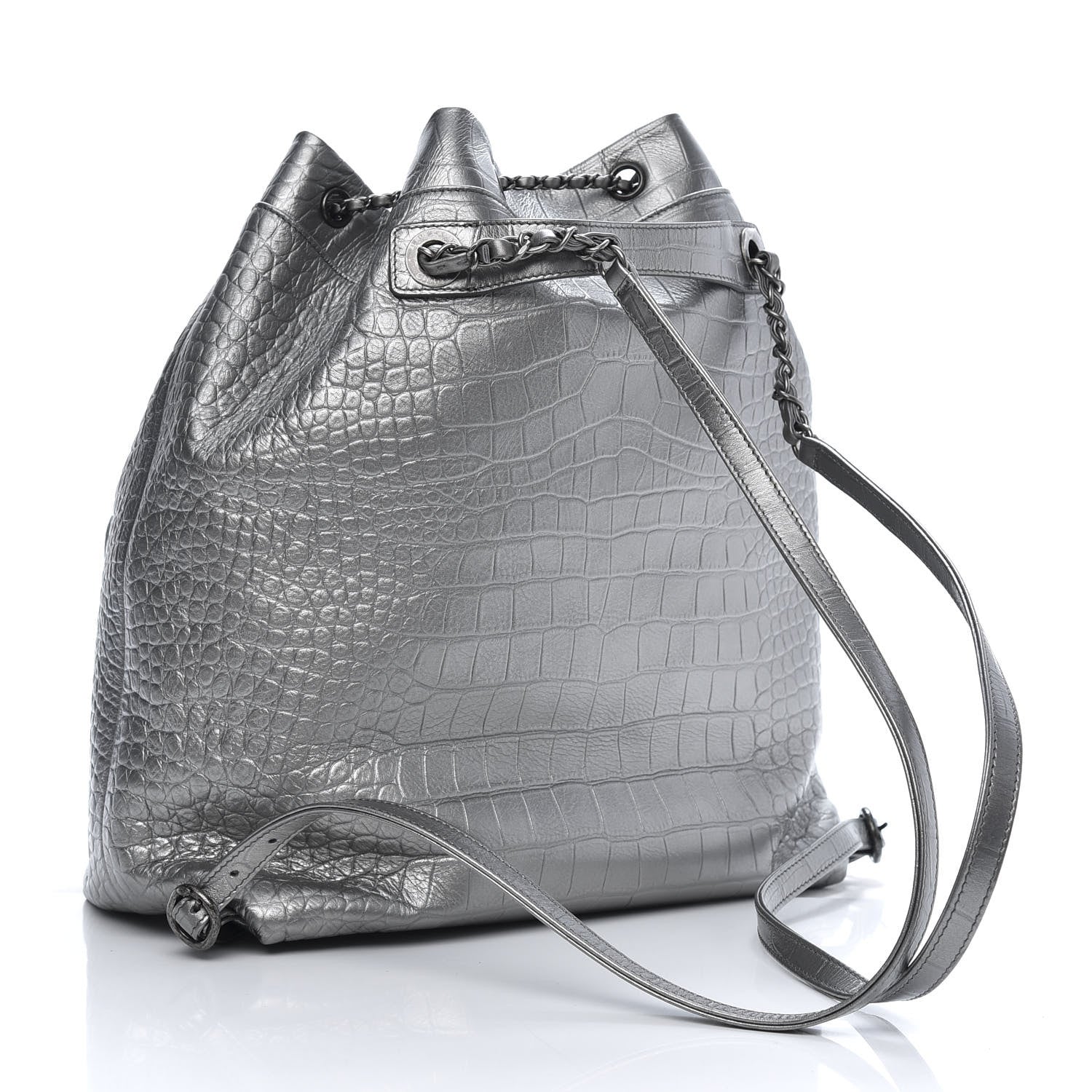 Chanel Metallic Calfskin Crocodile Embossed Large Backpack Silver 2 of 10