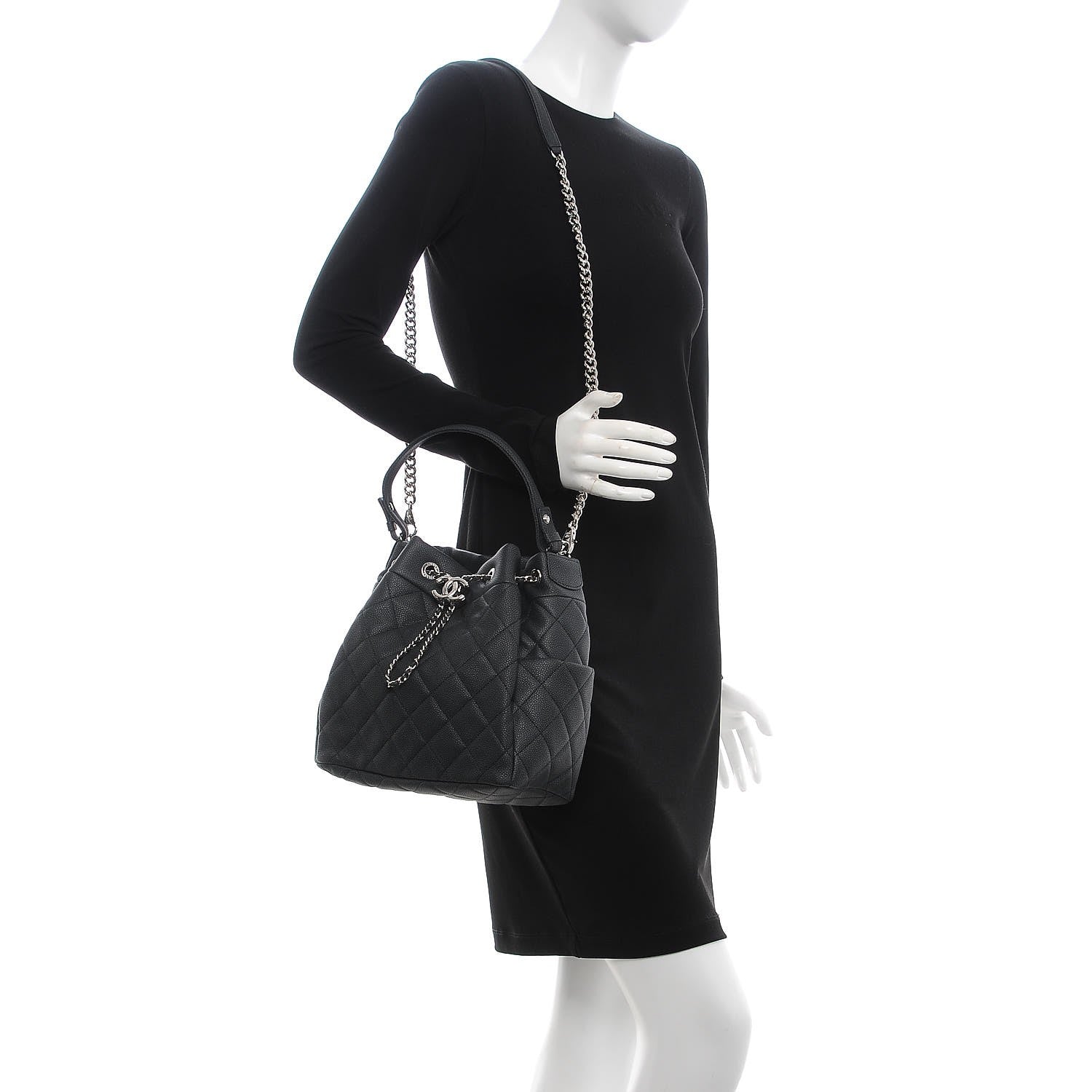 Chanel Caviar Flat Quilted CC Chain Bucket Drawstring Bag Black 2 of 8