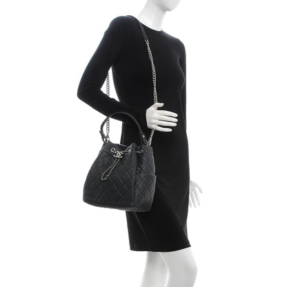 Chanel Caviar Flat Quilted CC Chain Bucket Drawstring Bag Black 2 of 8