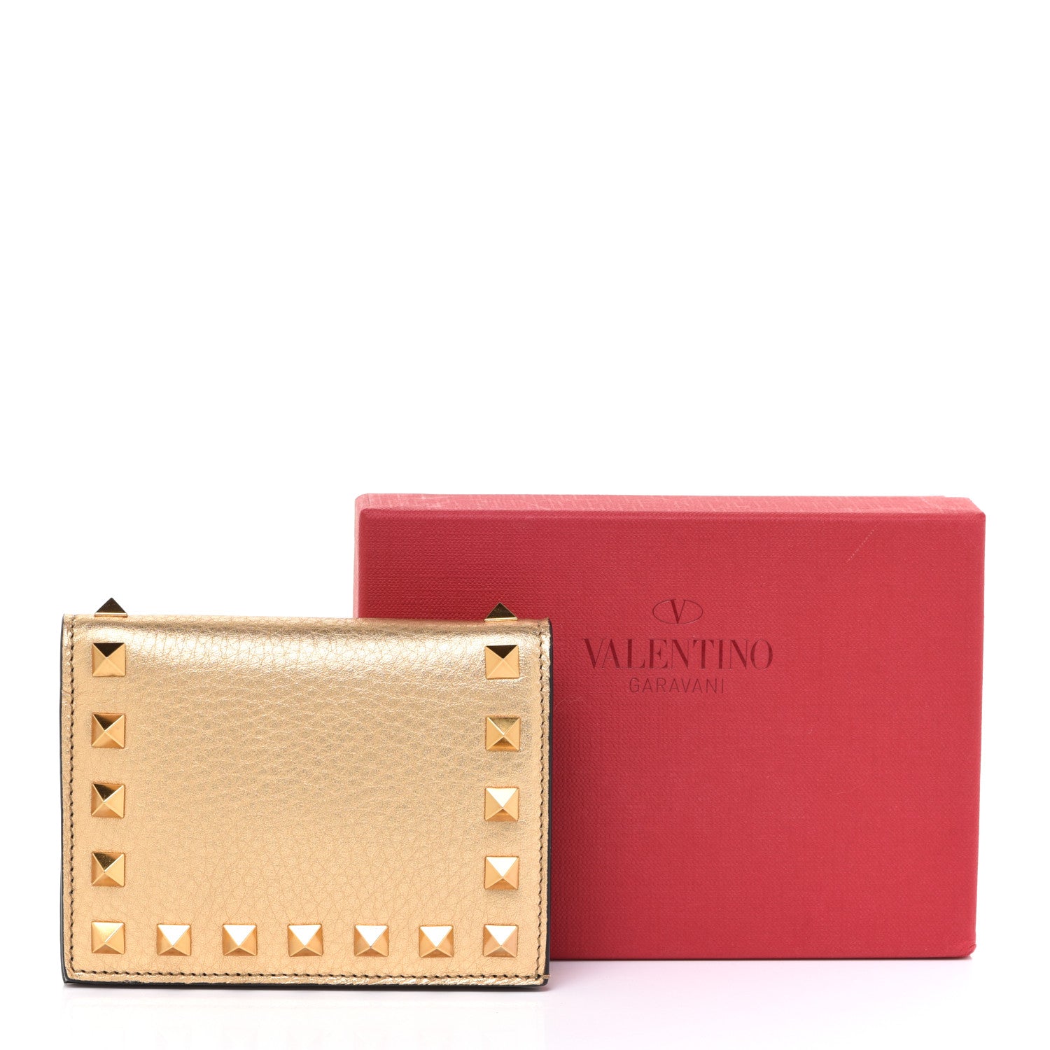 Valentino Garavani Metallic Pebbled Calfskin Rockstud French Flap Wallet Antique Brass 7 of 7