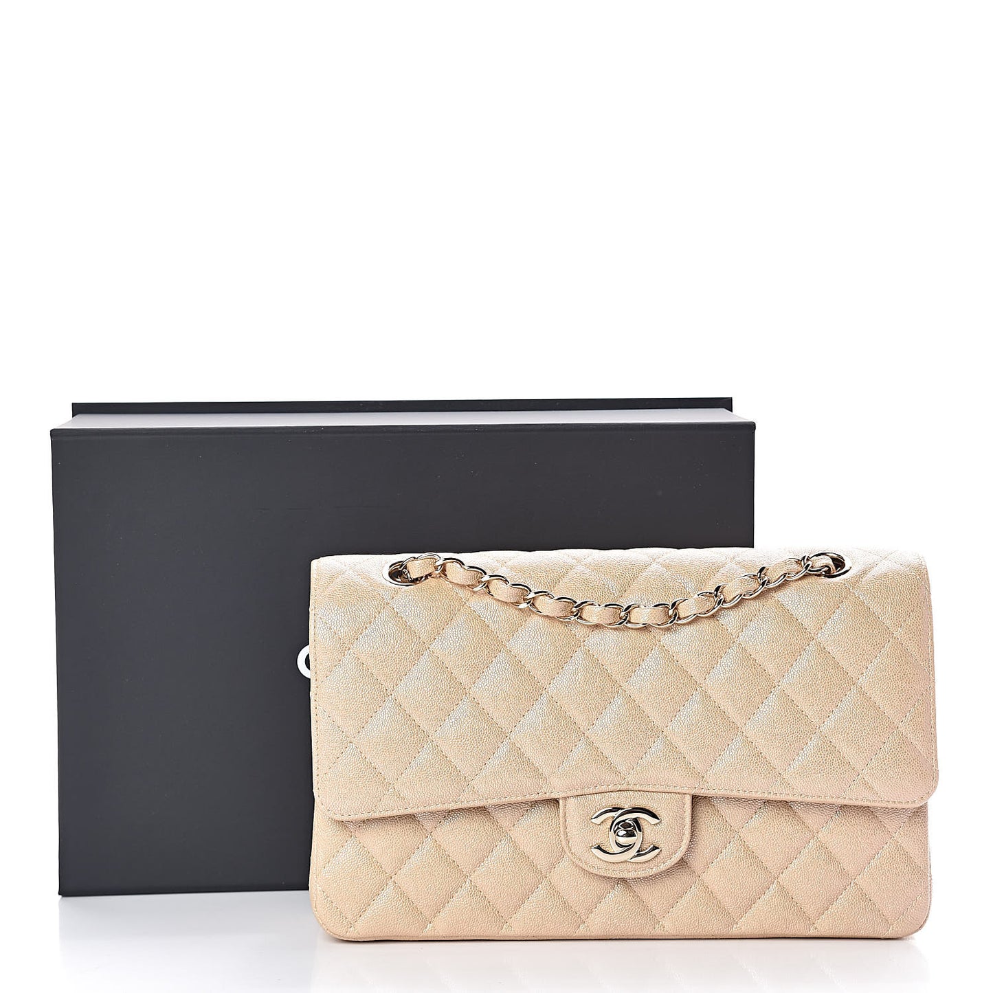 Iridescent Caviar Quilted Medium Double Flap Beige
