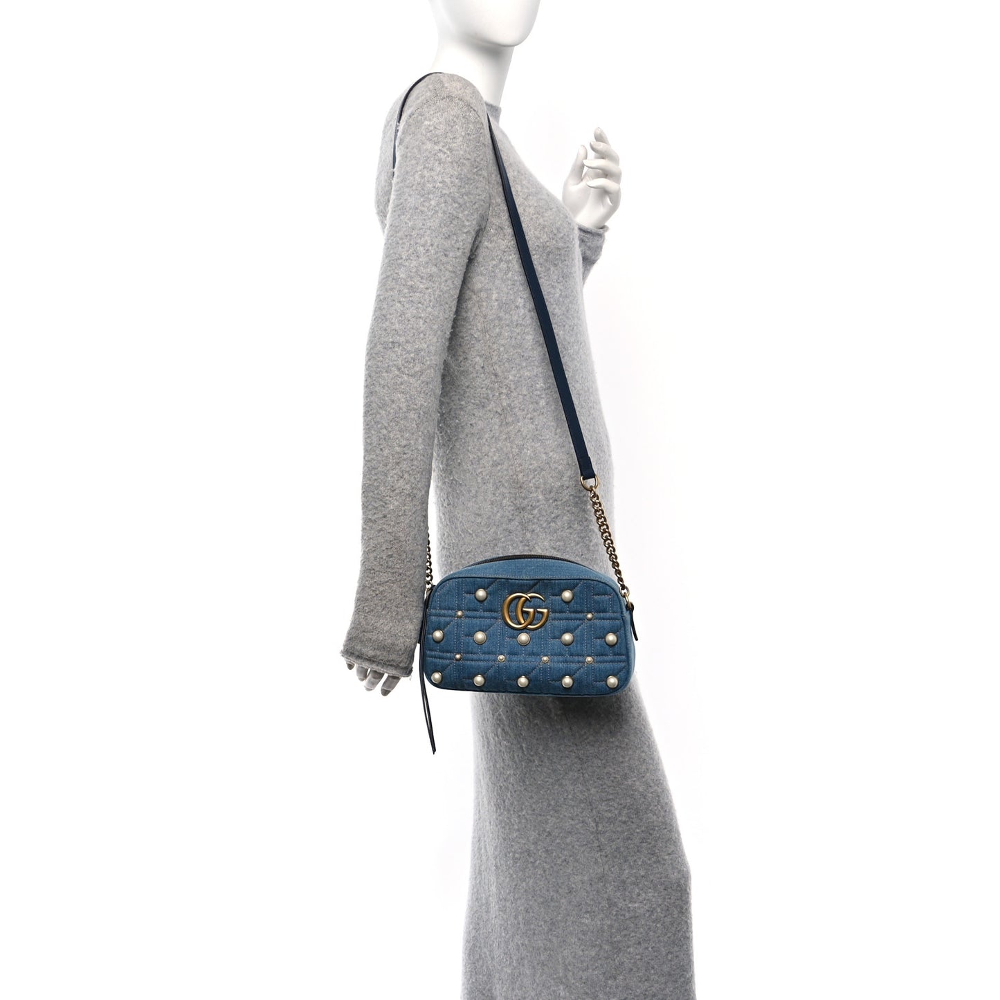 Denim Matelasse Pearl Studded Small GG Marmont Chain Shoulder Bag Blue