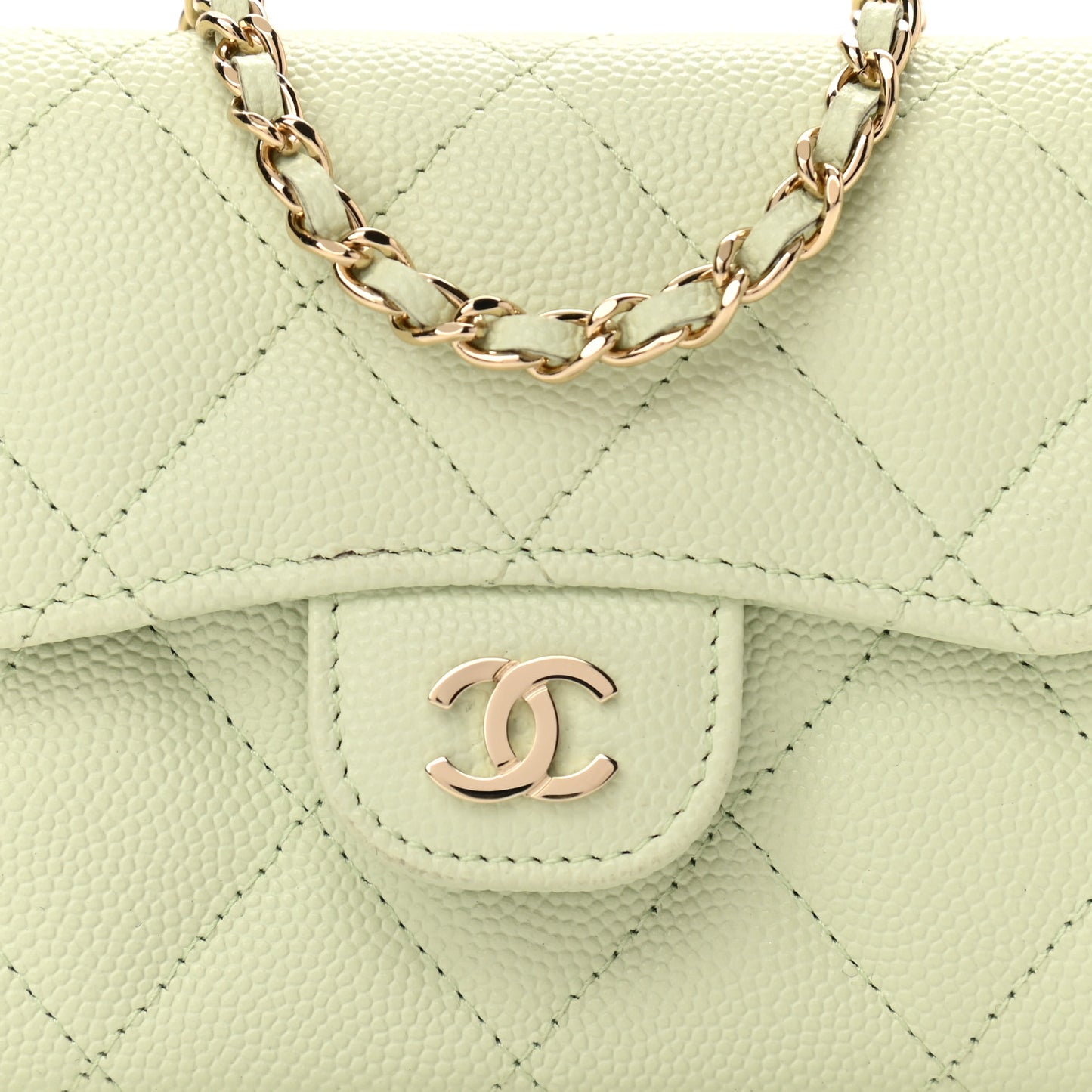 Caviar Quilted Flap Card Holder On Chain Light Green
