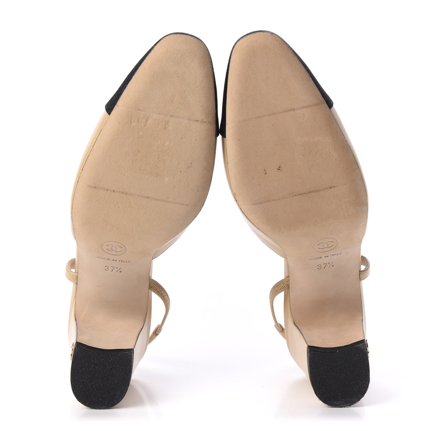 Chanel Goatskin Grosgrain Cap Toe CC Slingback Pumps 37.5 Beige Black 4 of 9