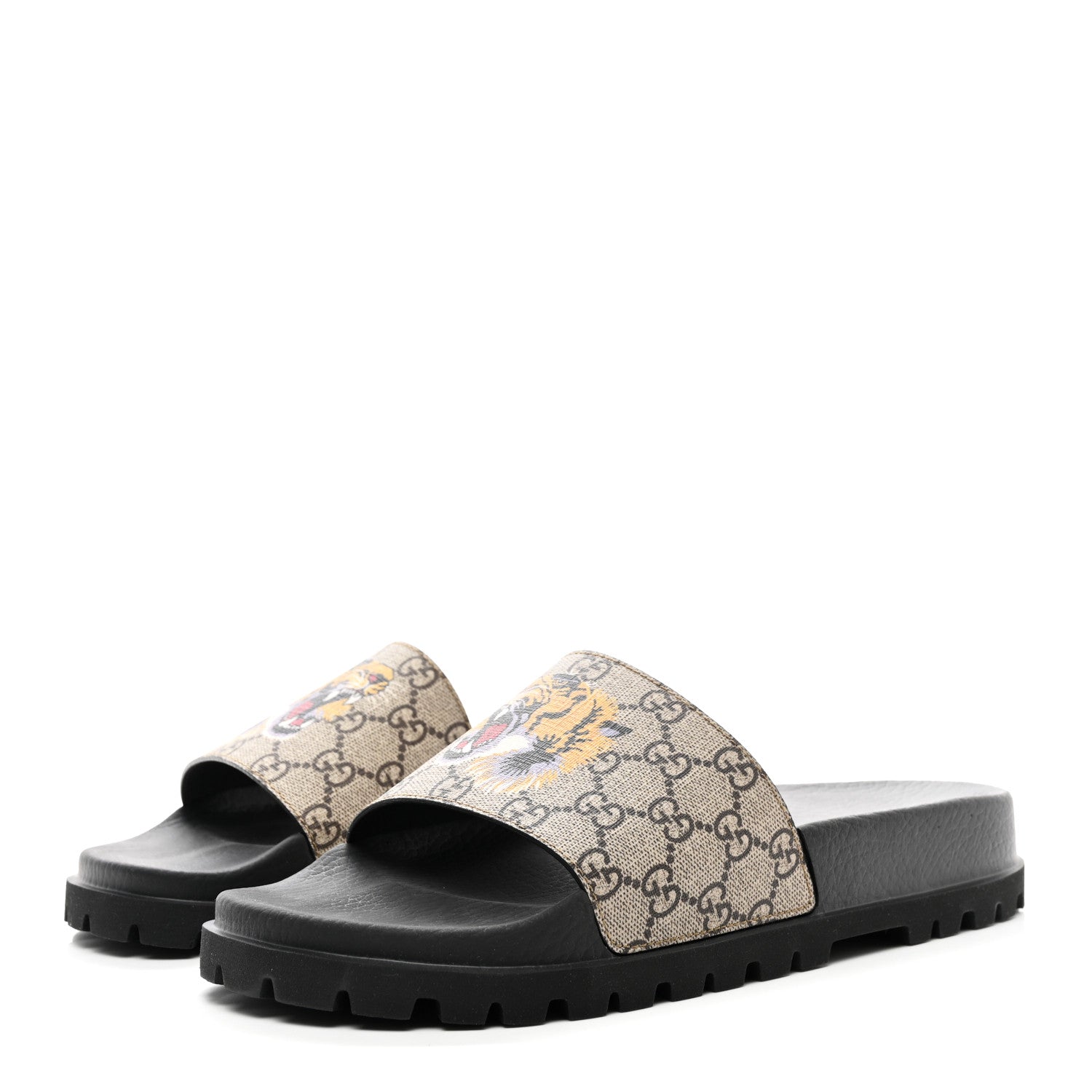 Gucci GG Supreme Monogram Tiger Mens Lug Sole Slide Sandals 8 9 Ebony 3 of 9