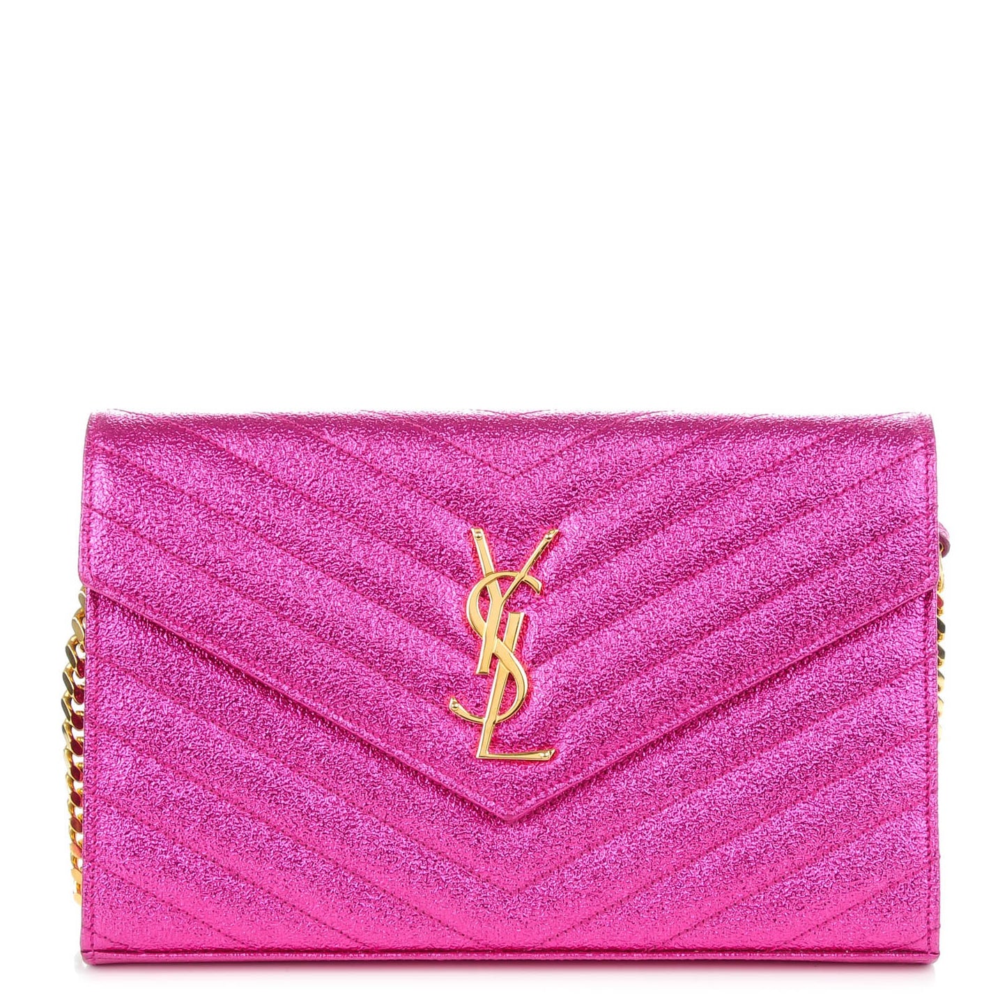 Metallic Crackled Calfskin Matelasse Chevron Monogram Chain Wallet Pink
