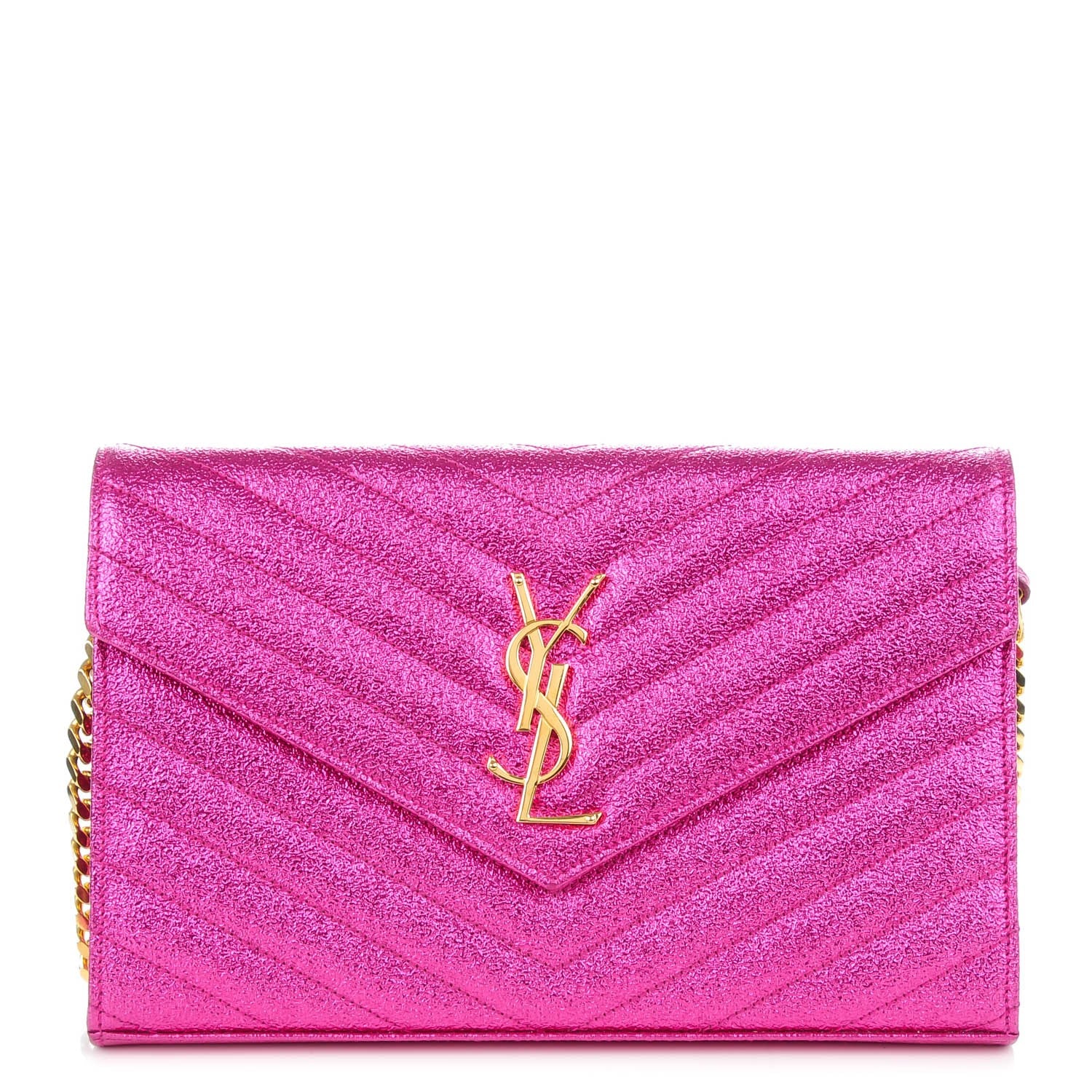 Saint Laurent Metallic Crackled Calfskin Matelasse Chevron Monogram Chain Wallet Pink 1 of 7
