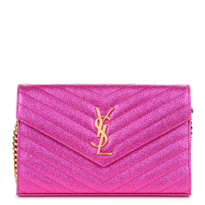 Saint Laurent Metallic Crackled Calfskin Matelasse Chevron Monogram Chain Wallet Pink 1 of 7