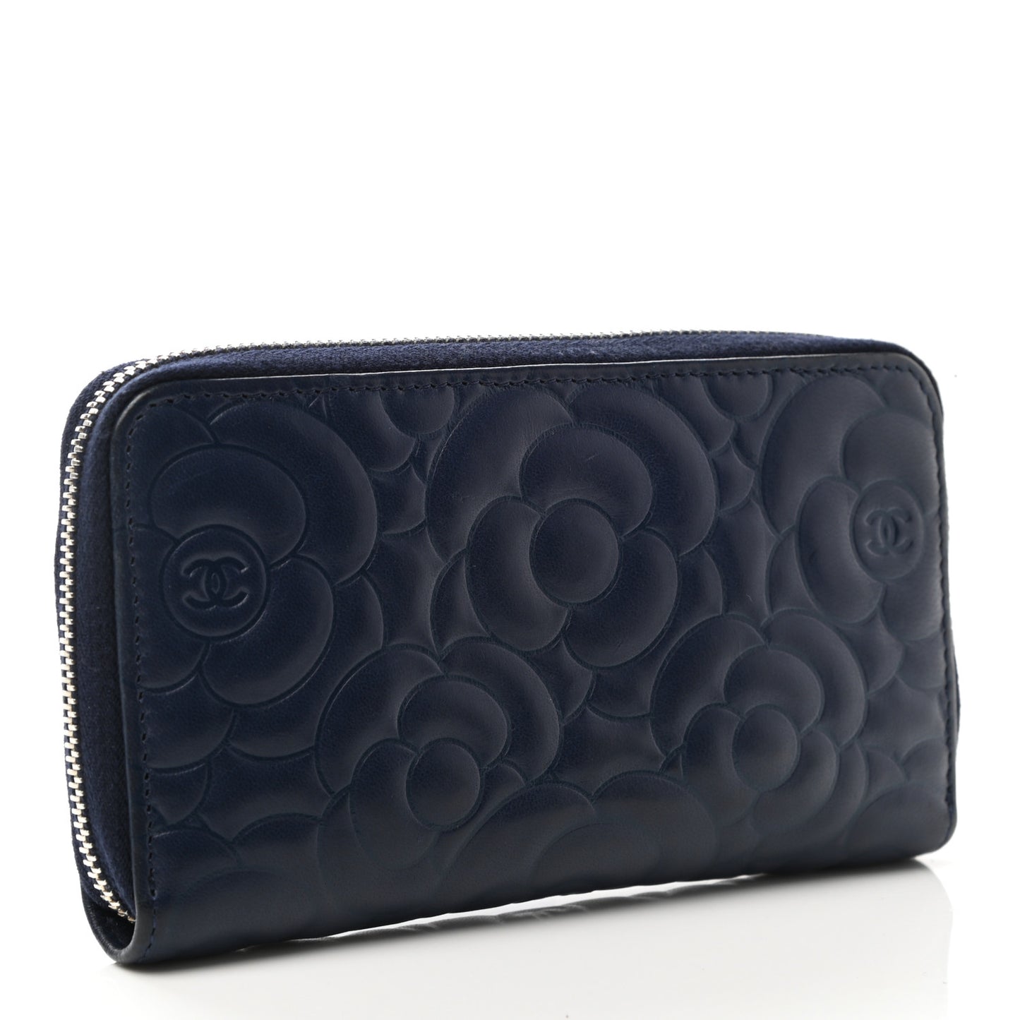 Lambskin Camellia Embossed Medium Zip Around Wallet Navy