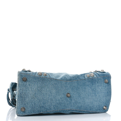 Balenciaga Washed Frayed Denim Crystal Neo Cagole City Handbag Blue 5 of 11