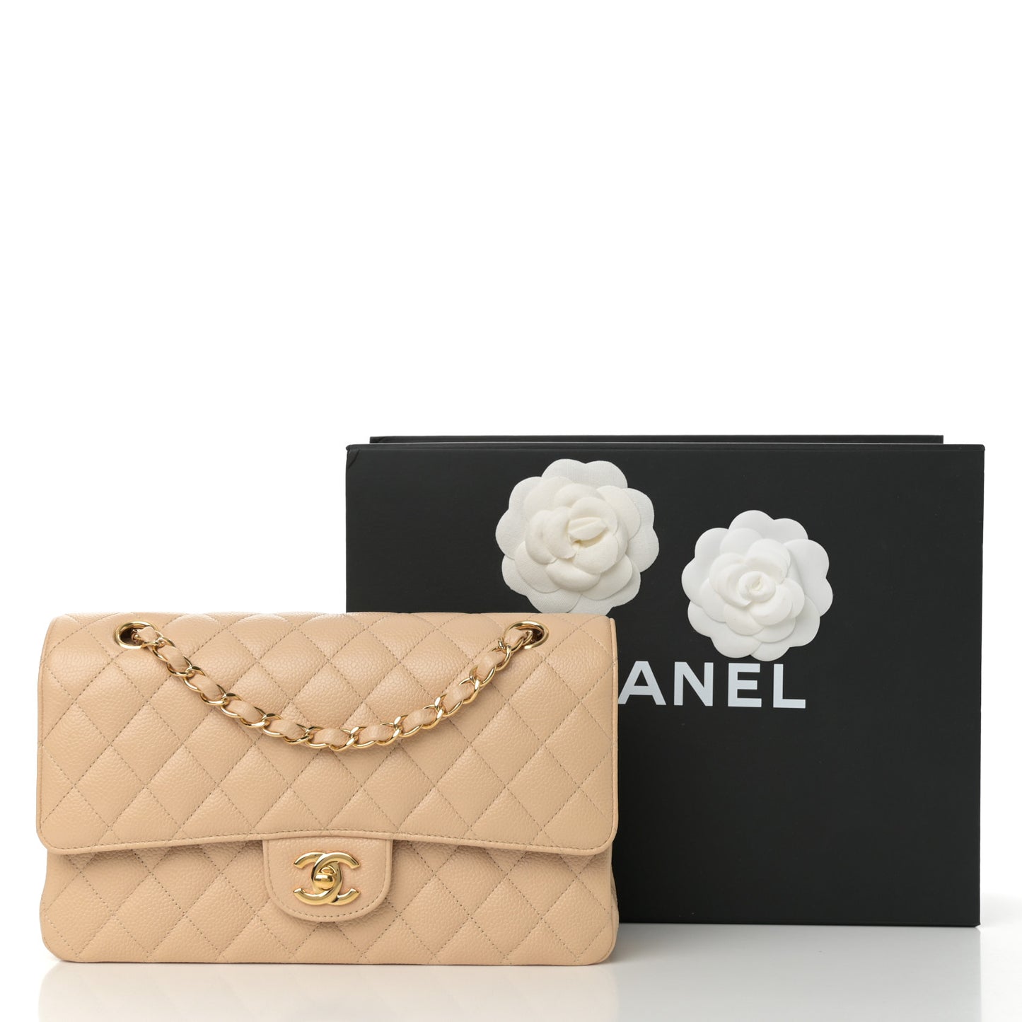Caviar Quilted Medium Double Flap Beige