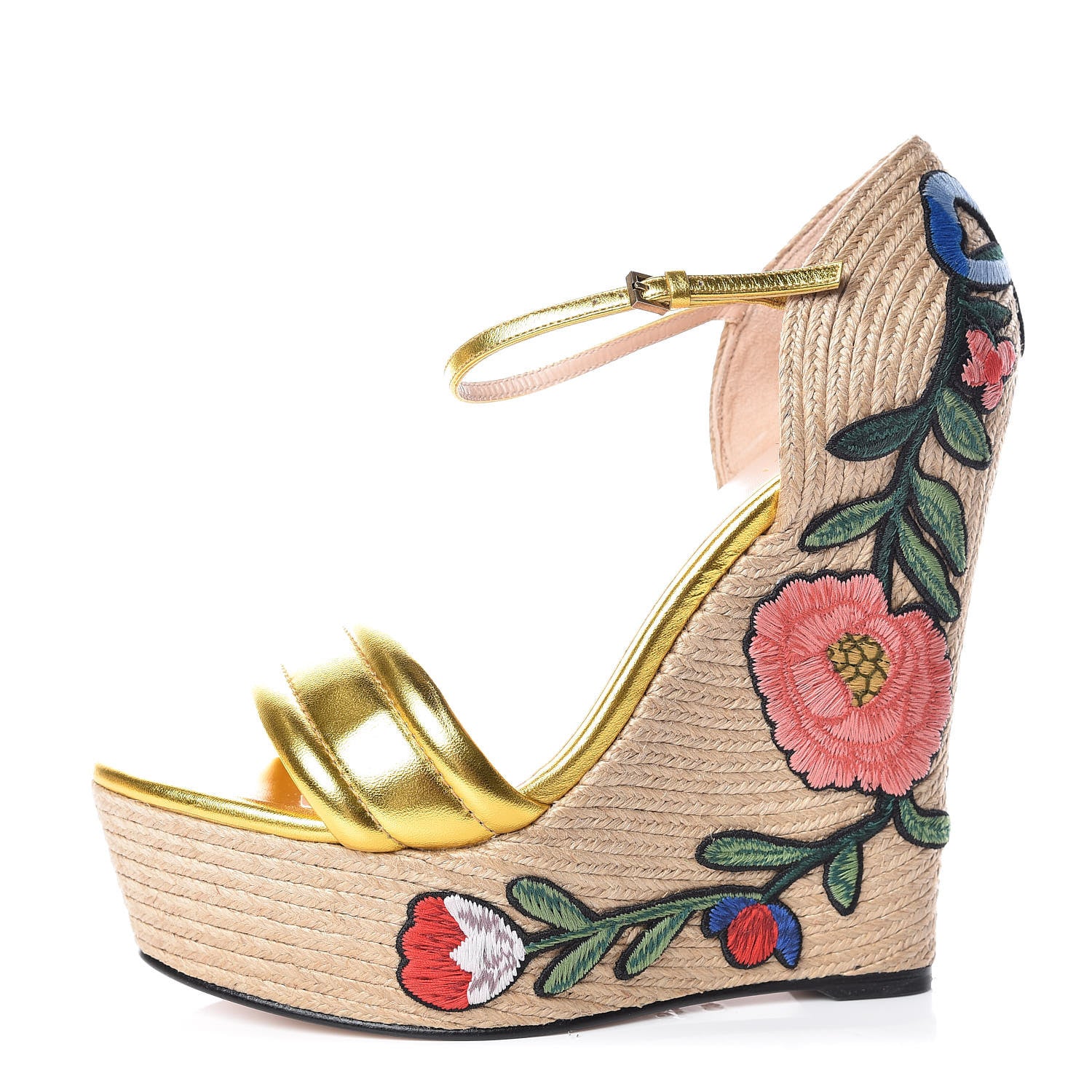 Gucci Metallic Nappa Ophelia Espadrille Platform Wedge Sandals 40 Oro Vecchio 1 of 8