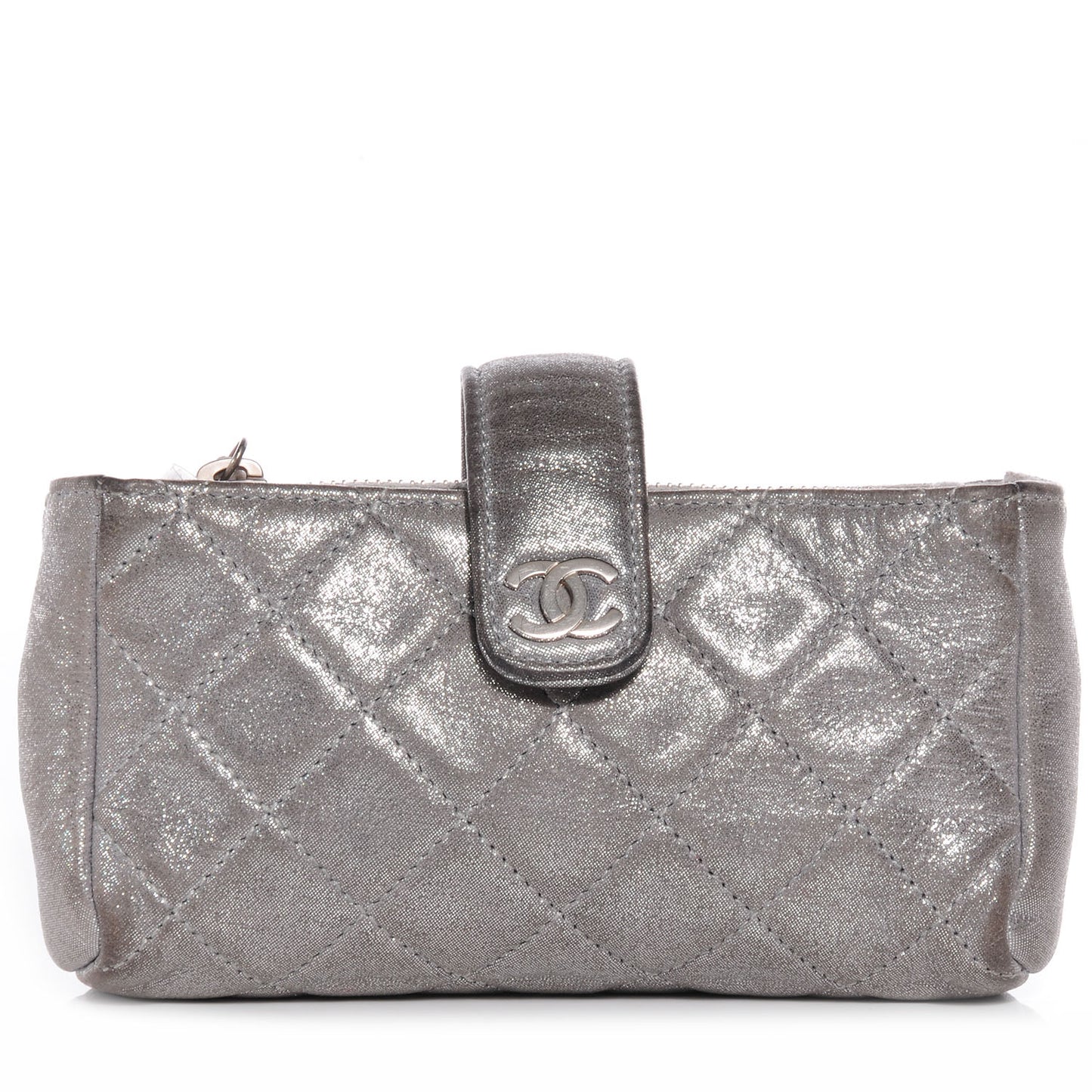 Iridescent Calfskin Quilted Mini Phone Holder Clutch Silver