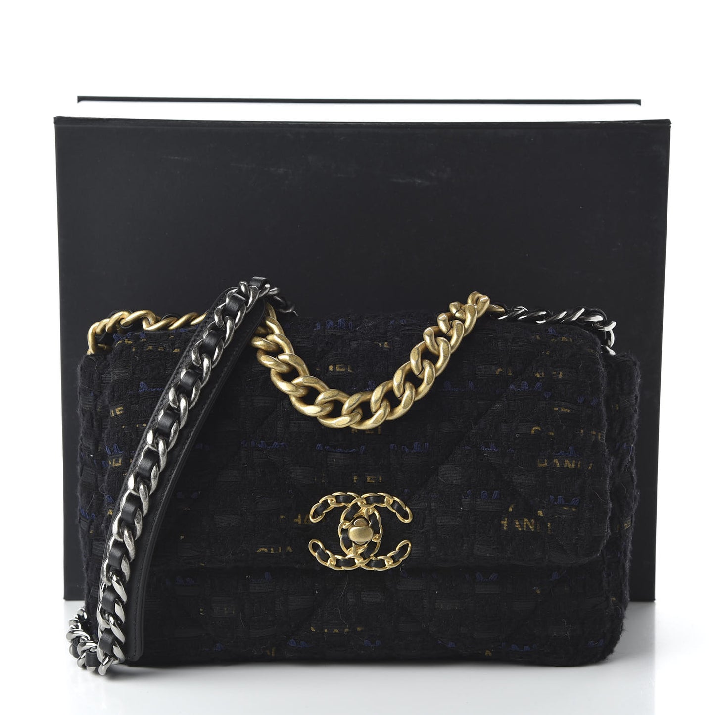 Tweed Quilted Medium 19 Flap Black Navy Gold