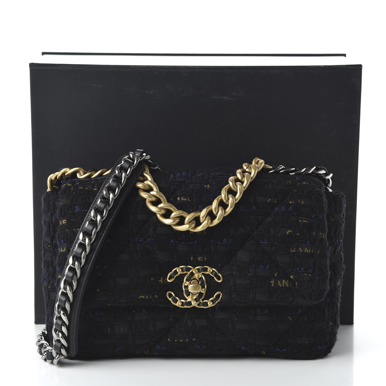 Chanel Tweed Quilted Medium 19 Flap Black Navy Gold 11 of 11