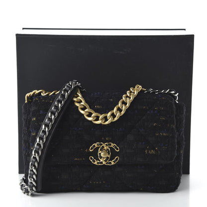 Chanel Tweed Quilted Medium 19 Flap Black Navy Gold 11 of 11