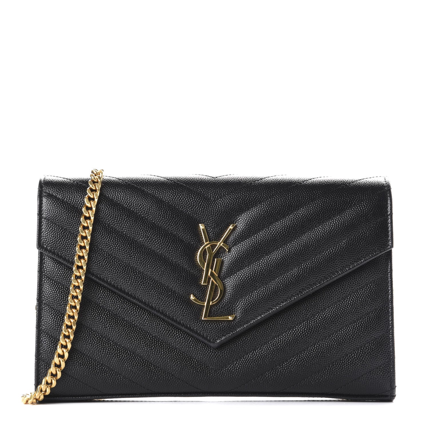 Saint Laurent Grain De Poudre Matelasse Chevron Monogram Chain Wallet Black 1 of 12