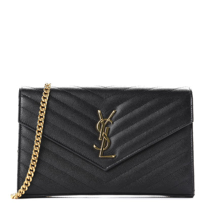 Saint Laurent Grain De Poudre Matelasse Chevron Monogram Chain Wallet Black 1 of 12