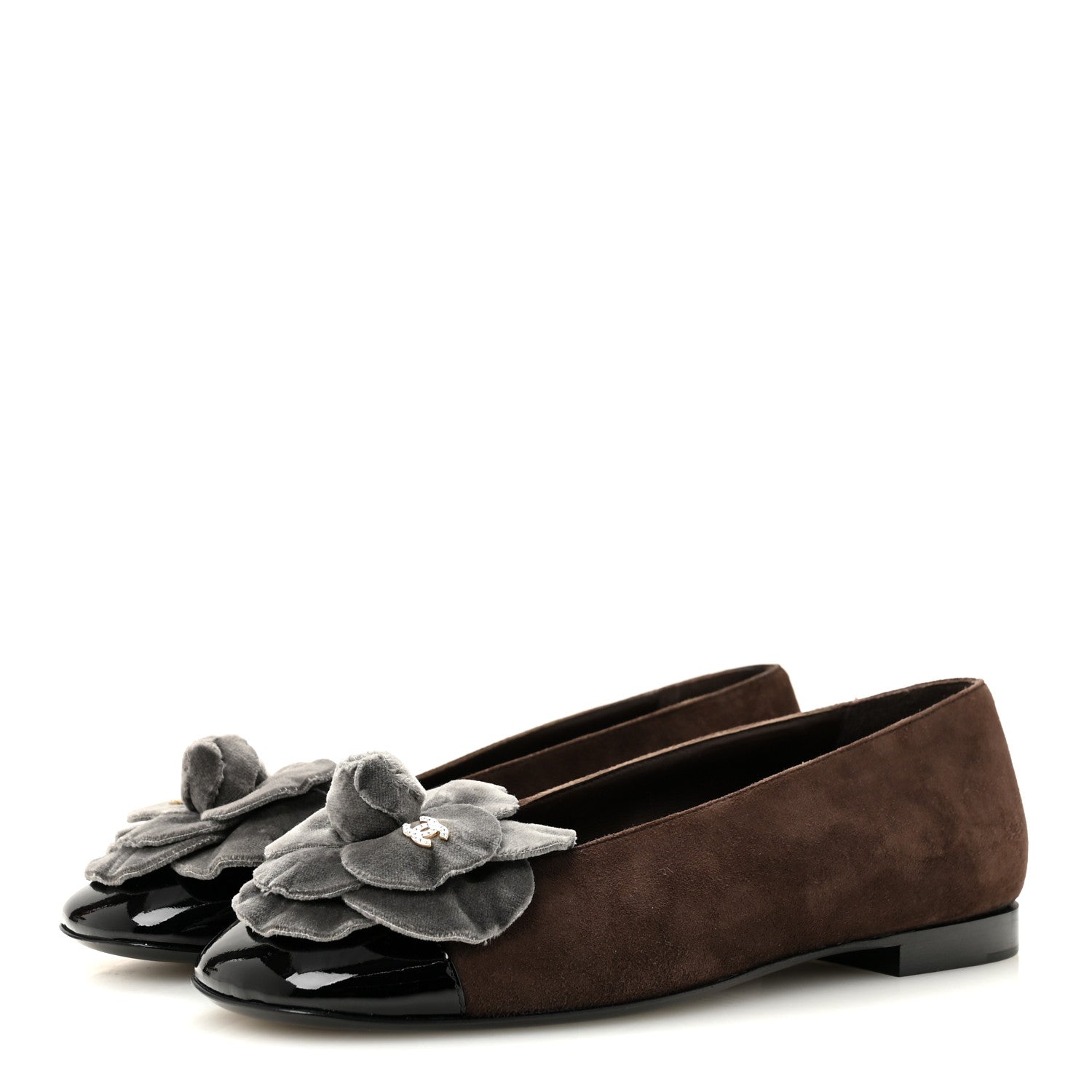 Chanel Suede Patent Cap Toe Camellia Ballerina Flats 37 Marron Gris 4 of 9