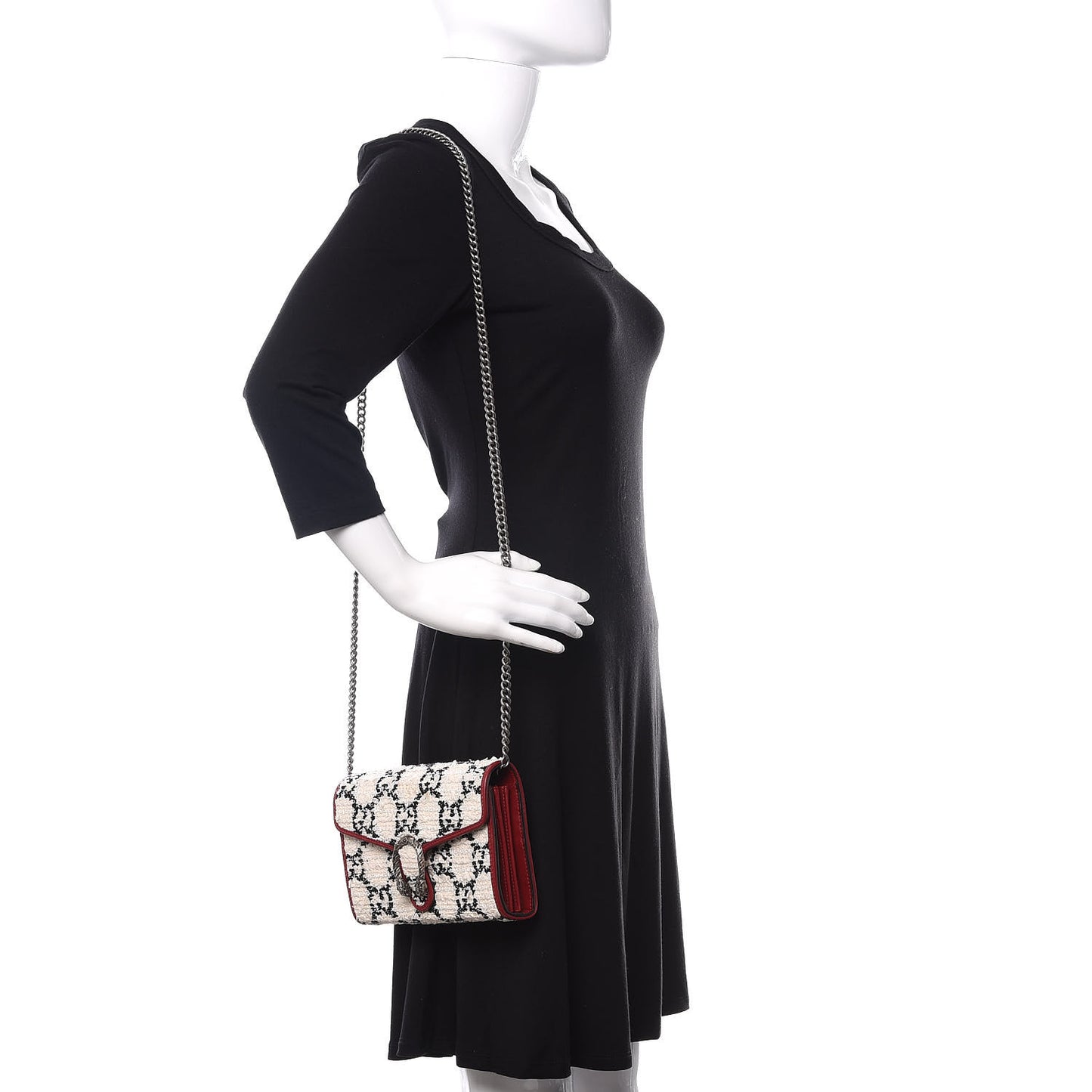 Tweed GG Monogram Mini Dionysus Chain Wallet White Black Romantic Cherry