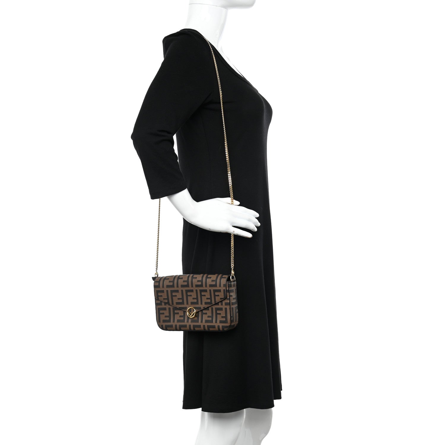 Fendi Vitello Soft F is Fendi Bi-Color FF 1974 Embossed Envelope Wallet On Chain with Pouches Maya Black 2 of 12