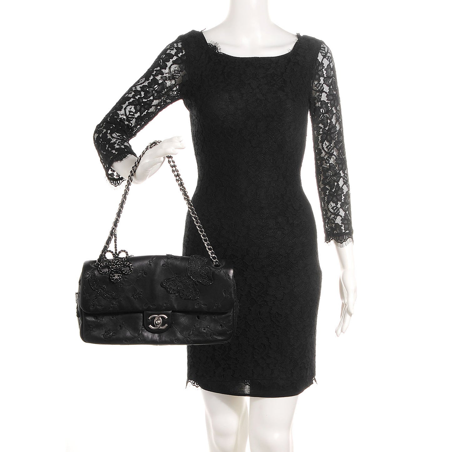 Lambskin Embroidered Butterfly Flap Black