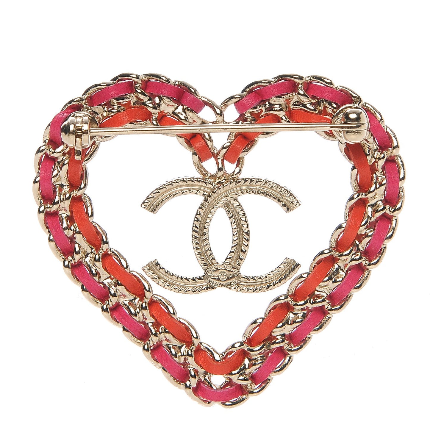 Metal Calfskin Braided Heart CC Brooch Pink Red Gold