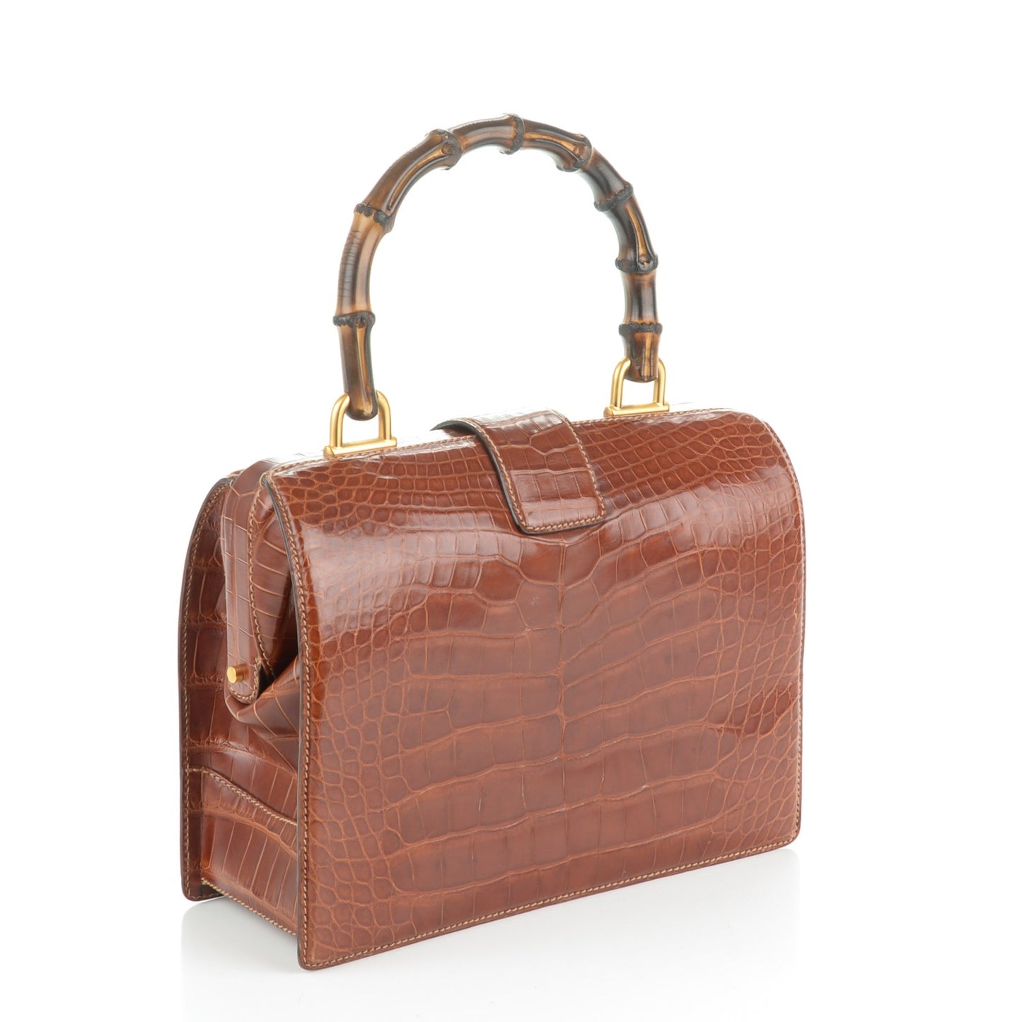 Alligator Bamboo Top Handle Bag Brown
