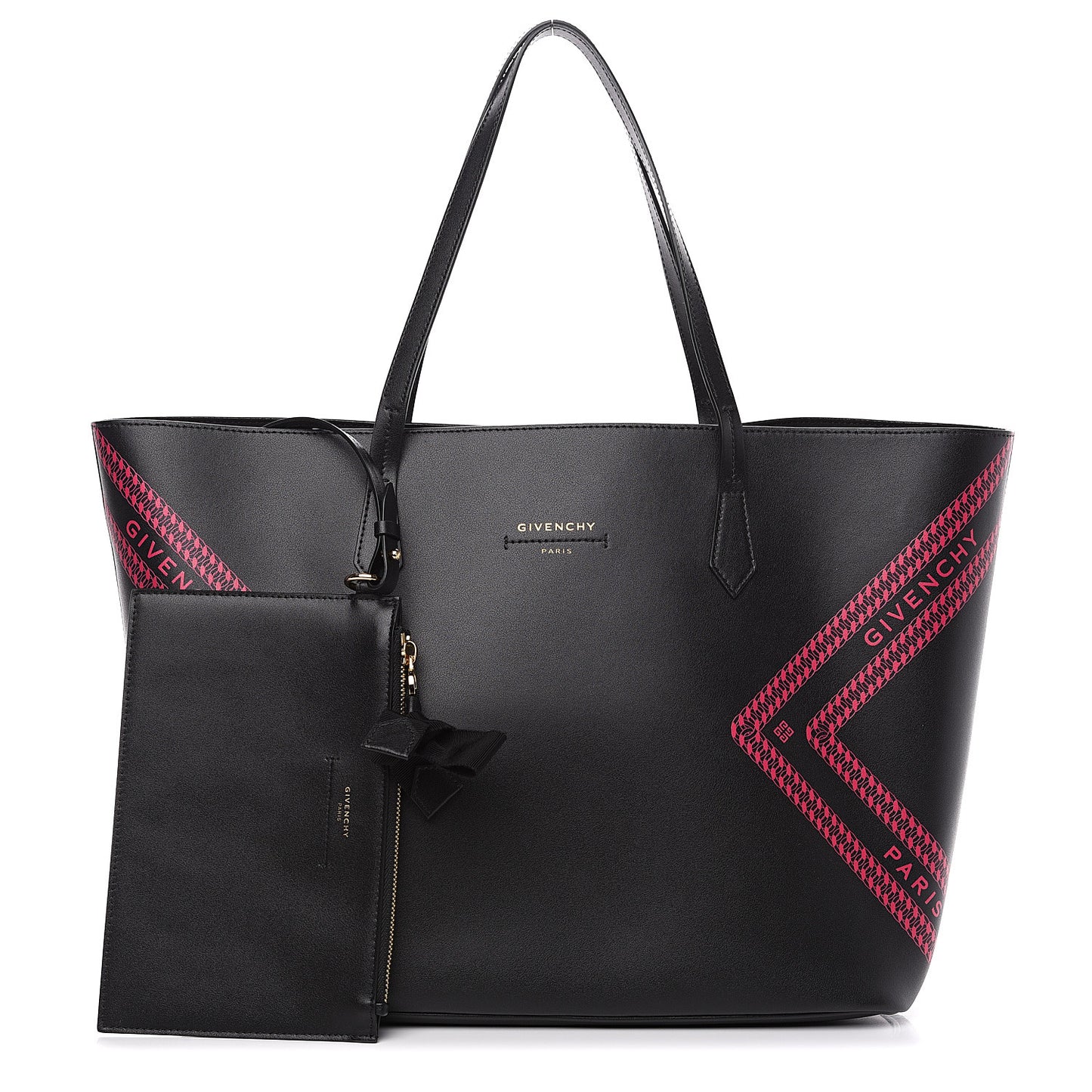 Smooth Calfskin Logo Chain Wing Shopper Tote Black Pink