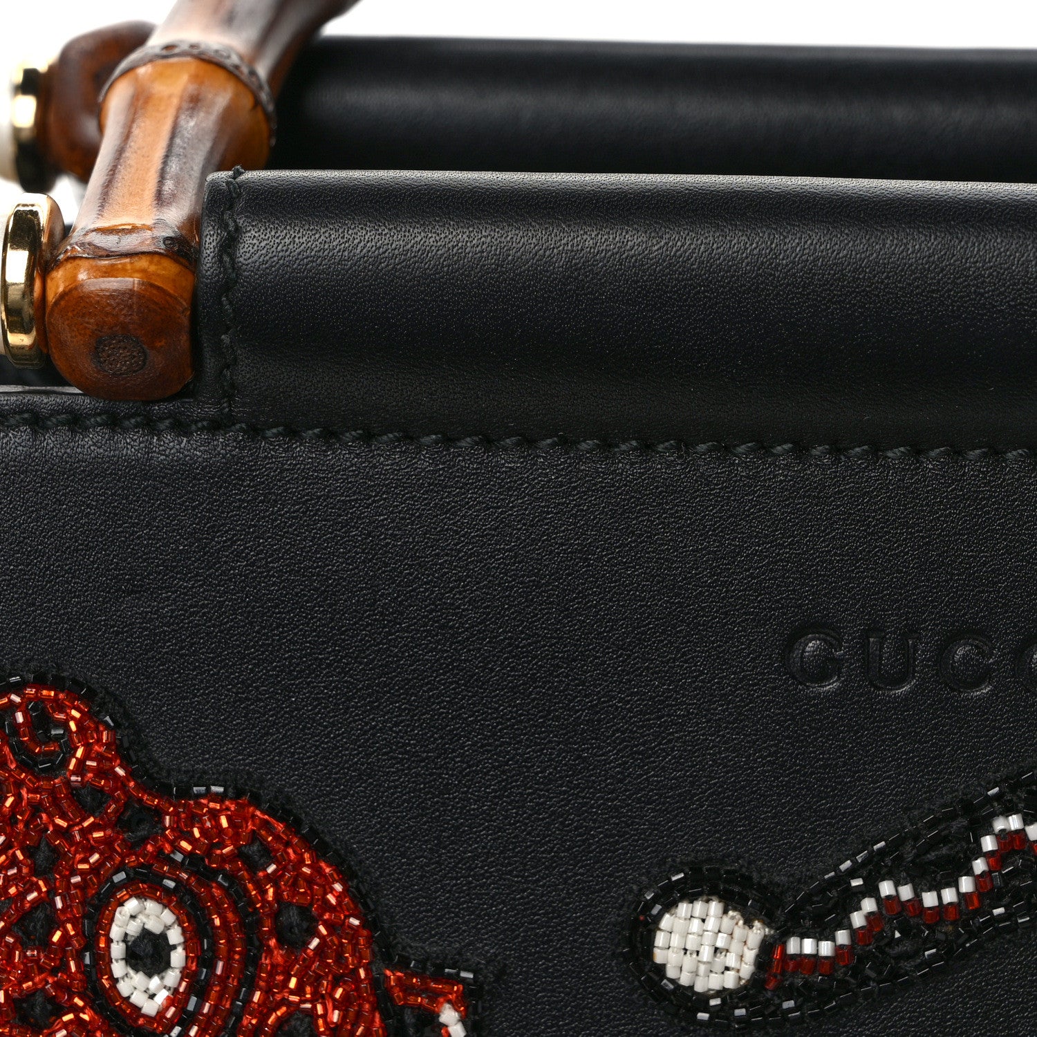 Gucci Nappa Bamboo Embroidered Medium Nymphaea Top Handle Bag Black 13 of 14