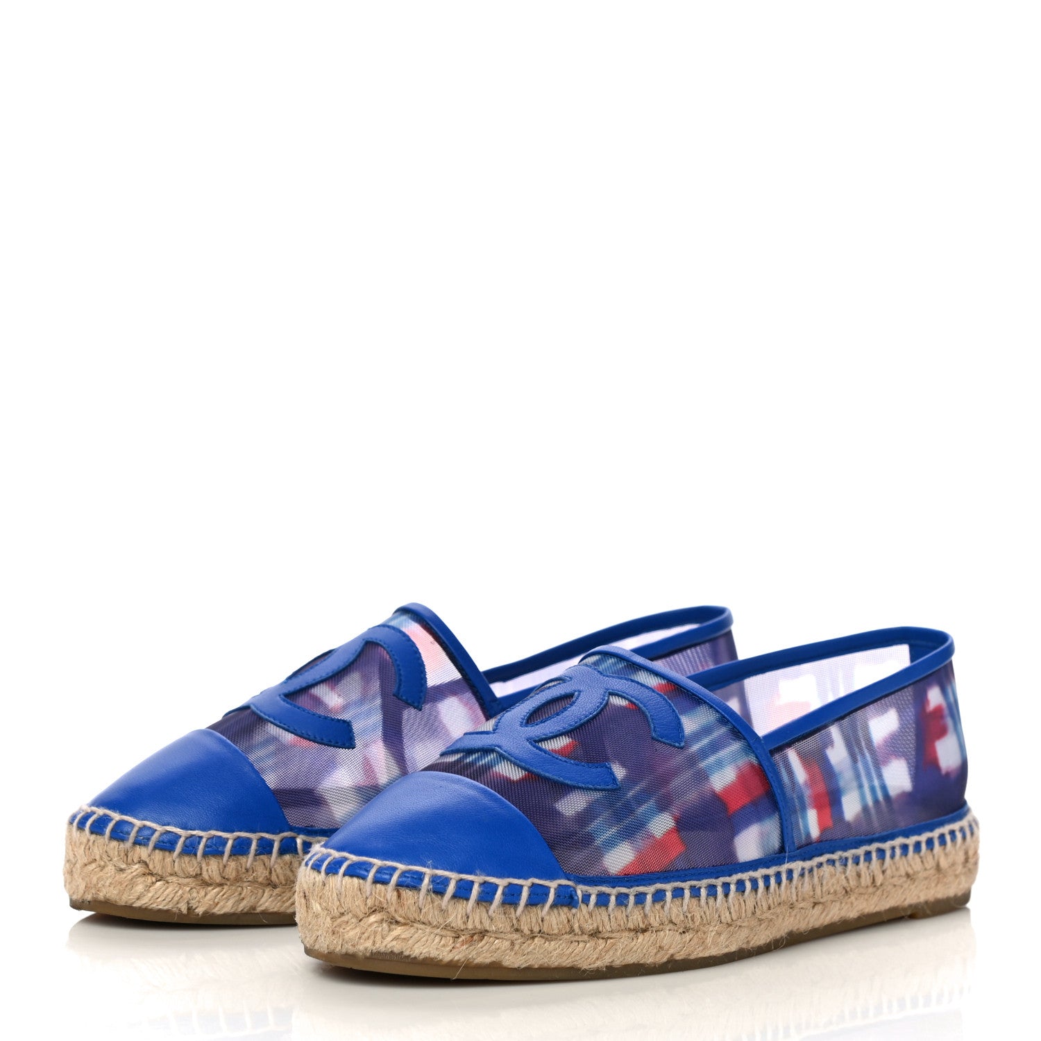 Chanel Mesh Lambskin Plaid Print CC Espadrilles 38 Blue White Red 3 of 20