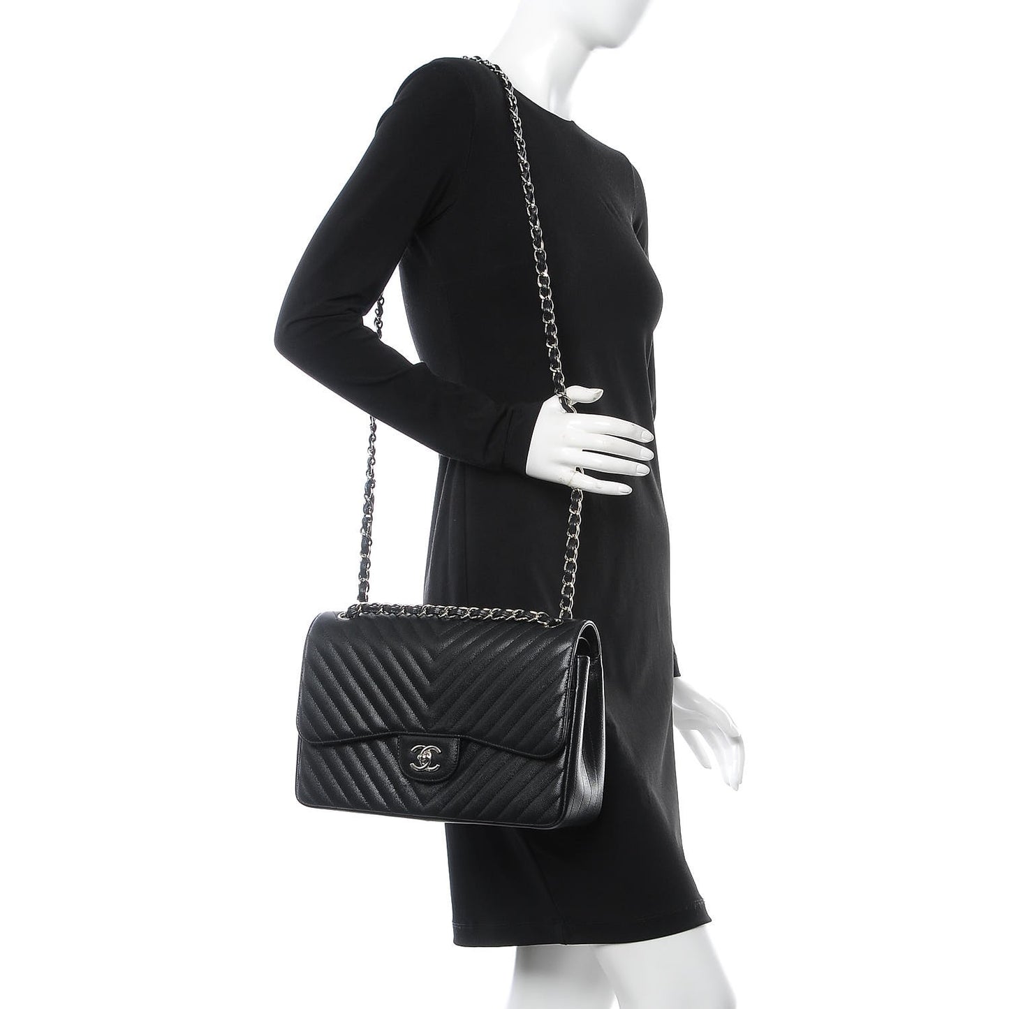 Metallic Caviar Chevron Quilted Jumbo Double Flap Black