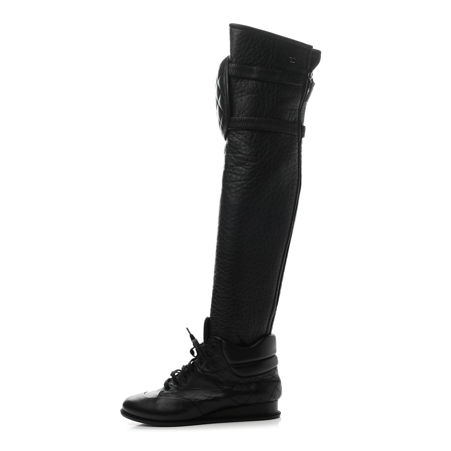 Calfskin Tumbled Lambskin Lace Up Knee High Sneaker Boots 38 Black