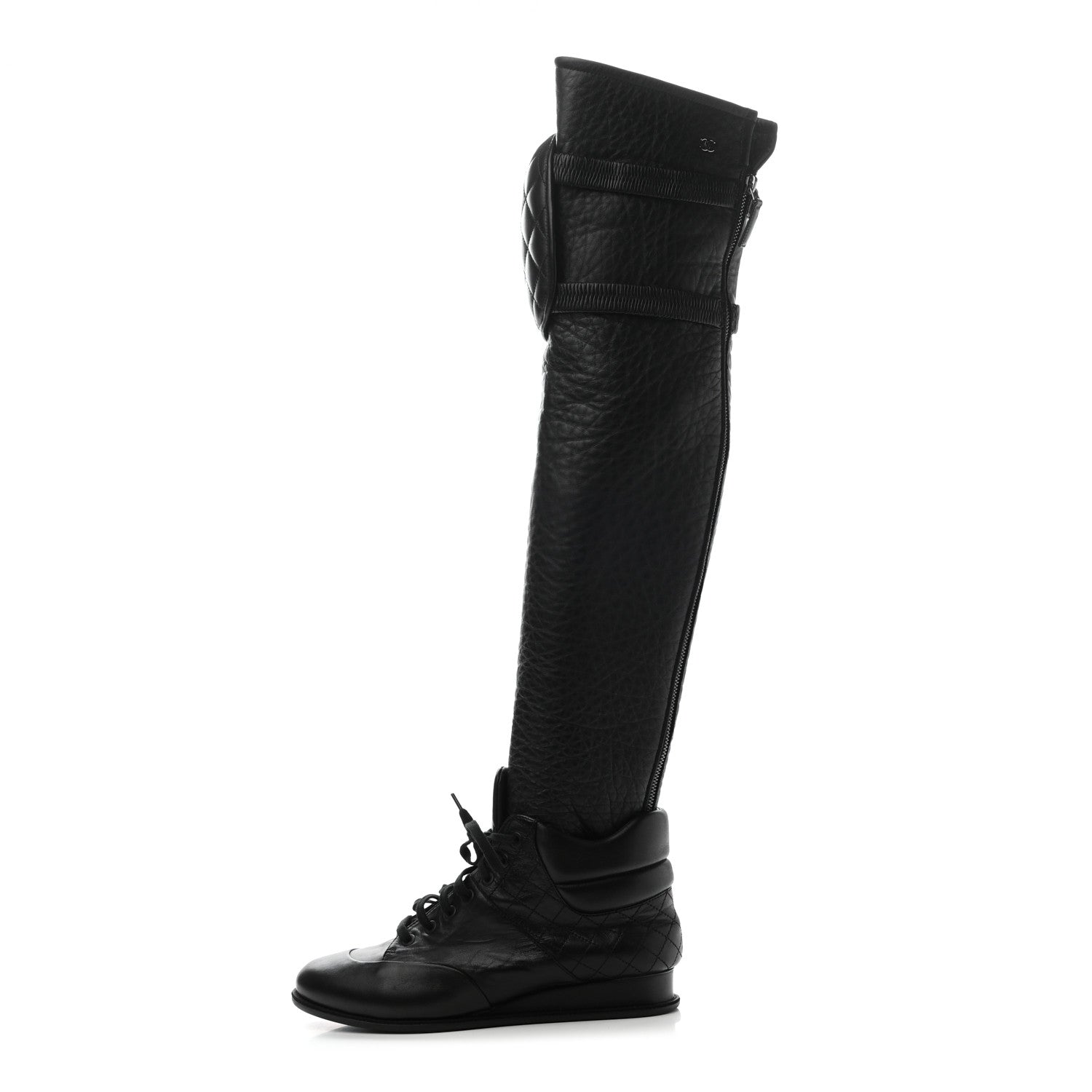 Chanel Calfskin Tumbled Lambskin Lace Up Knee High Sneaker Boots 38 Black 1 of 6