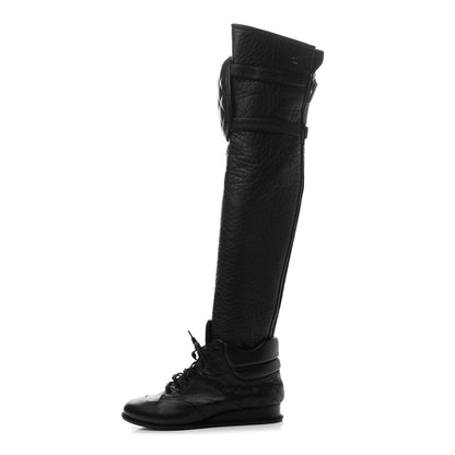 Chanel Calfskin Tumbled Lambskin Lace Up Knee High Sneaker Boots 38 Black 1 of 6
