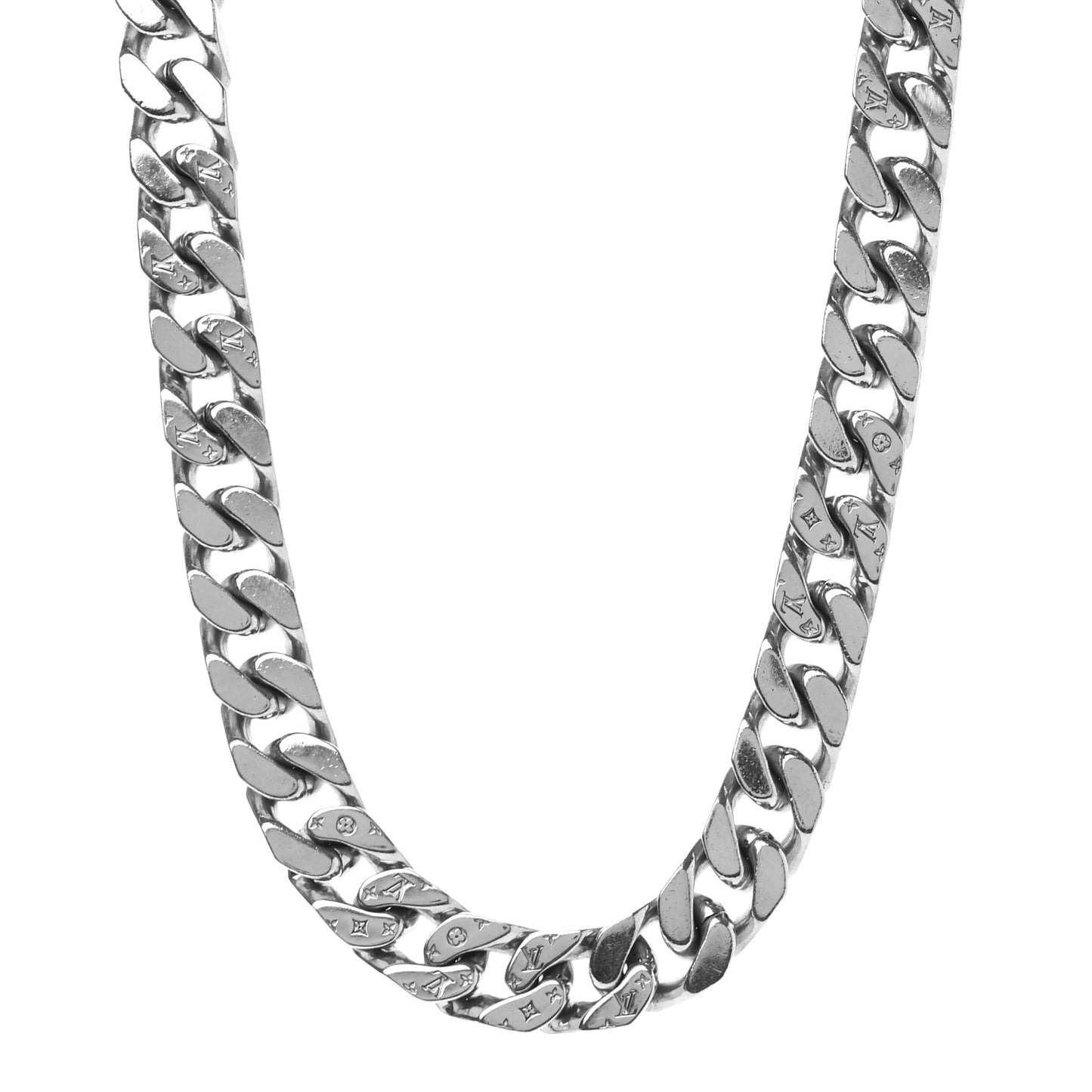 Metal Monogram Etched LV Chain Links Necklace Silver