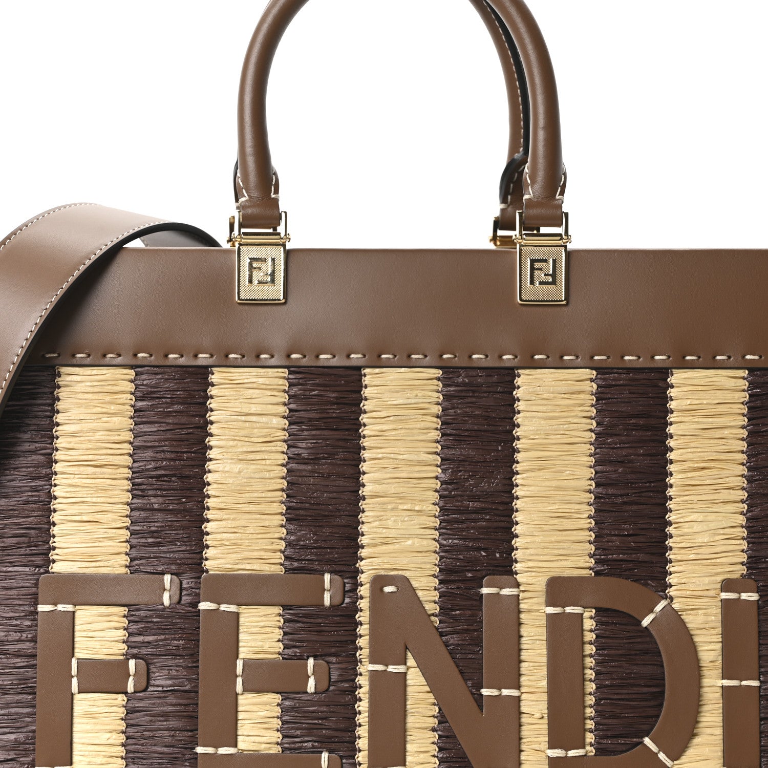 Fendi Paglia Pequin Vitello King Woven Medium Fendi Sunshine Shopper Tote Naturale Gianduia 8 of 9