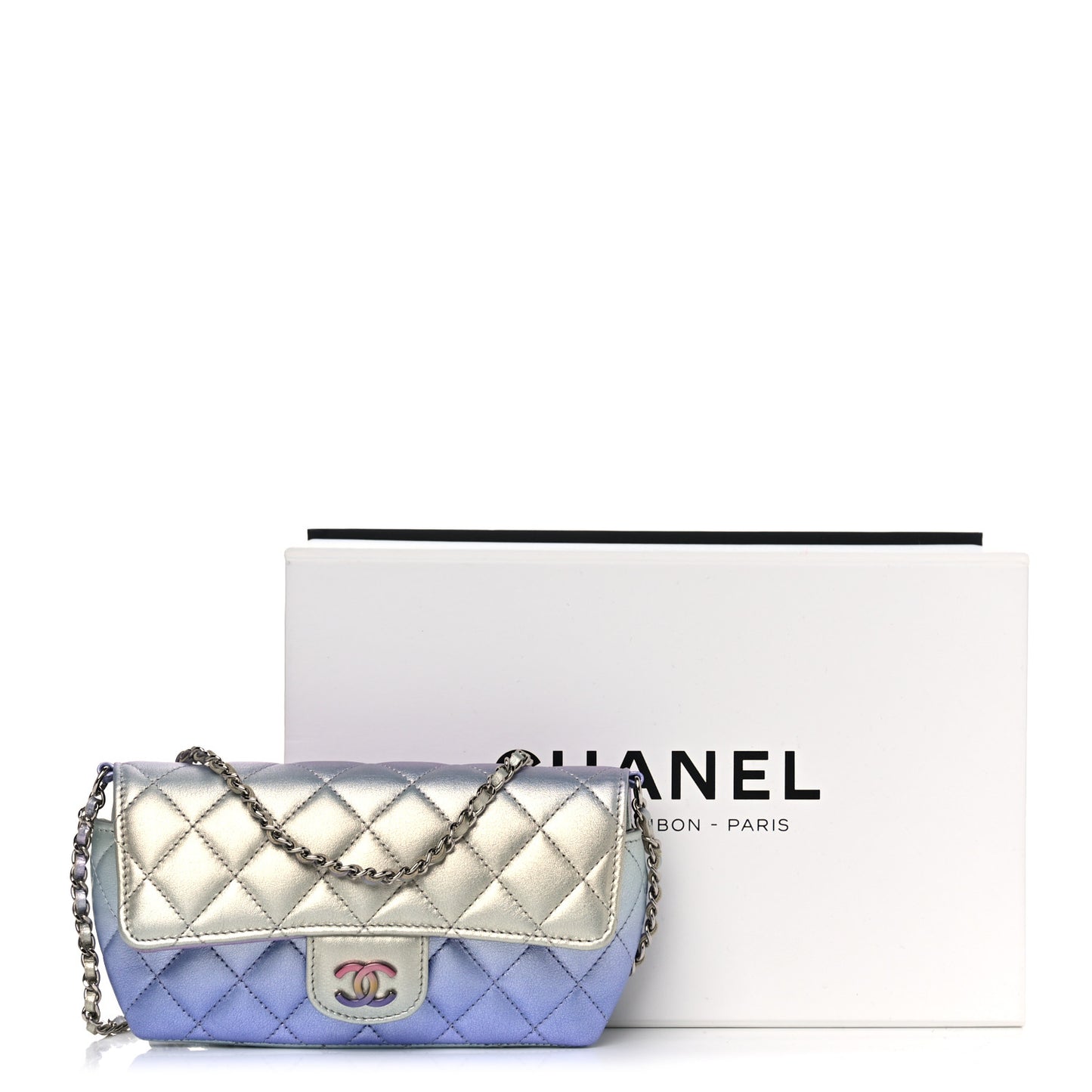 Gradient Metallic Calfskin Quilted Glasses Case With Chain Silver Blue Yellow Purple