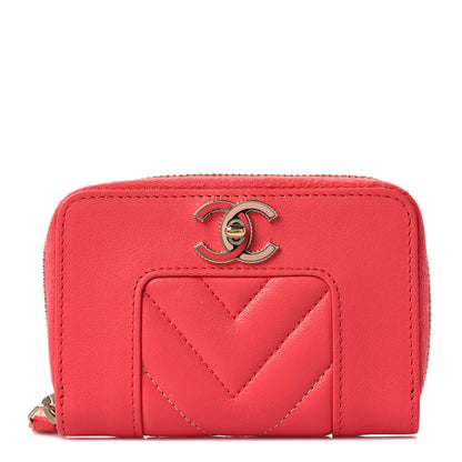 Chanel Sheepskin Chevron Quilted Mademoiselle Vintage Zip Coin Purse Pink 1 of 10