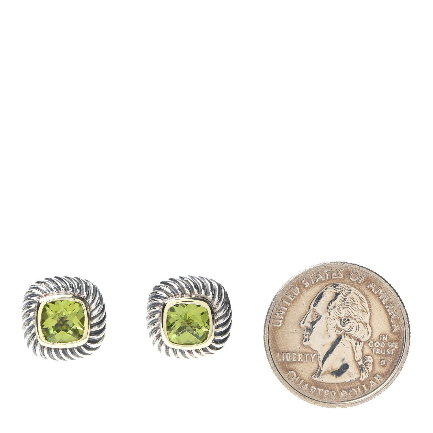 David Yurman Sterling Silver 14K Yellow Gold Peridot 7mm Albion Cable Earrings 2 of 4
