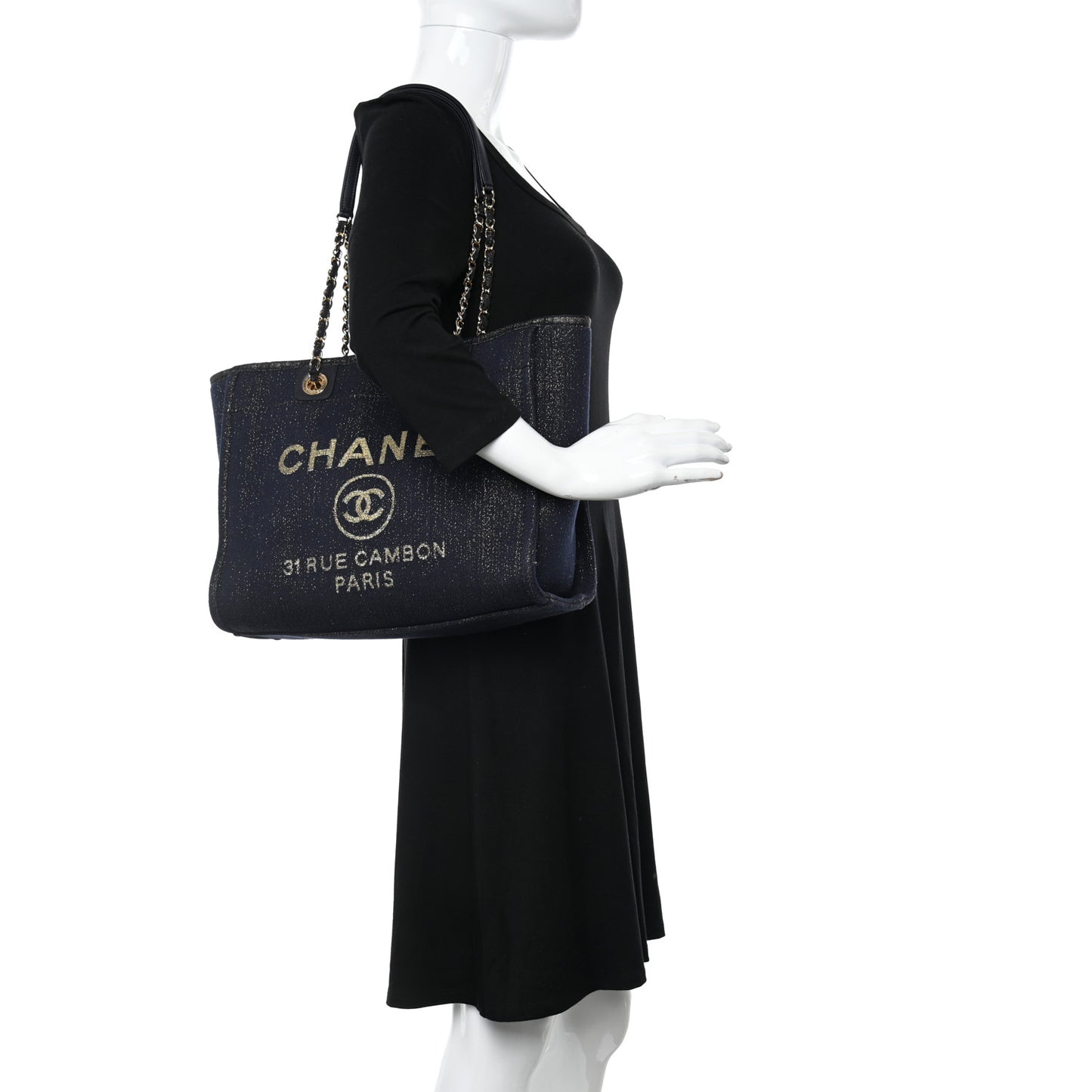Lurex Canvas Small Deauville Tote Navy Blue Gold
