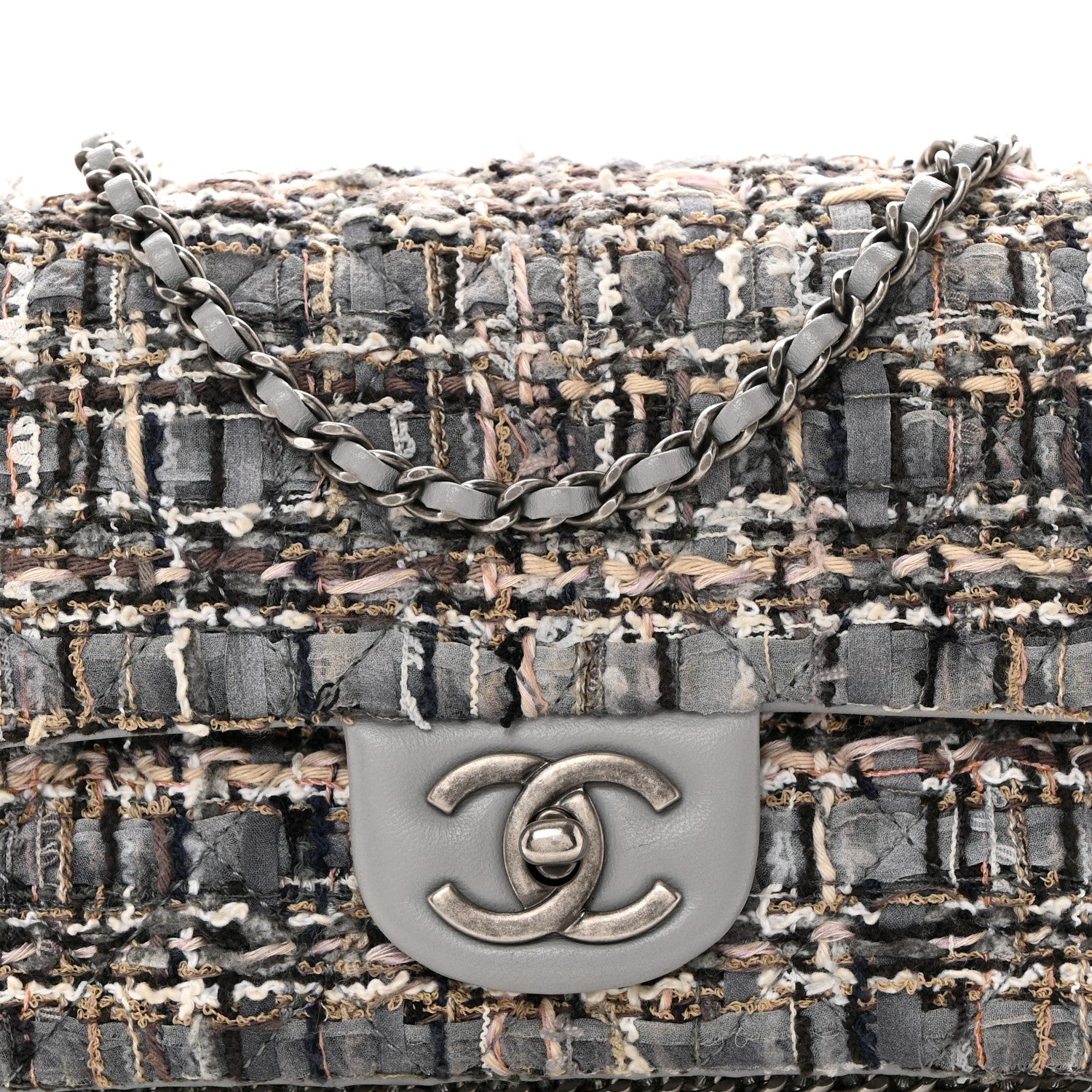 Chanel Tweed Quilted Mini Side Pearl Flap Bag Grey 1564156