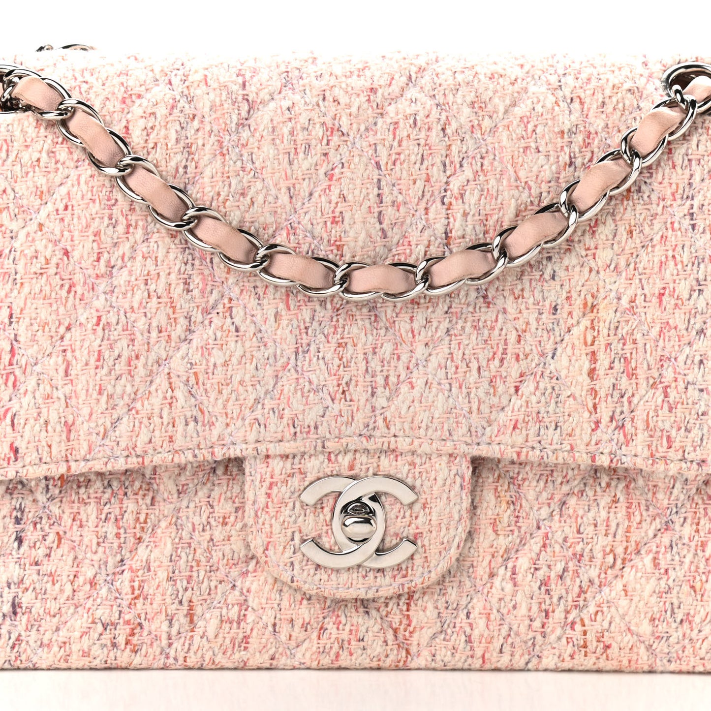Tweed Quilted Medium Double Flap Pink Multicolor