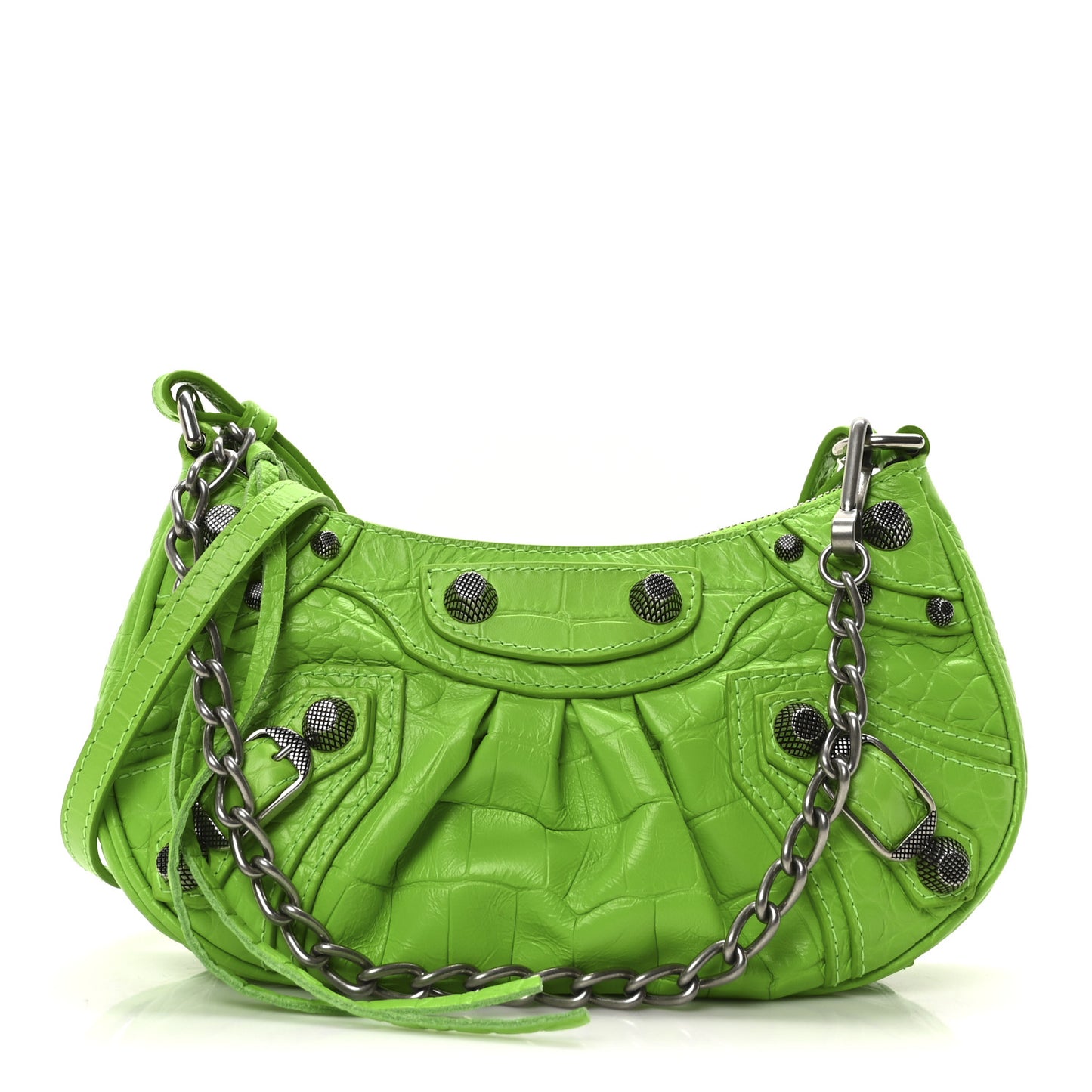 Extra Supple Calfskin Crocodile Embossed Le Cagole Mini Purse With Chain Acid Green