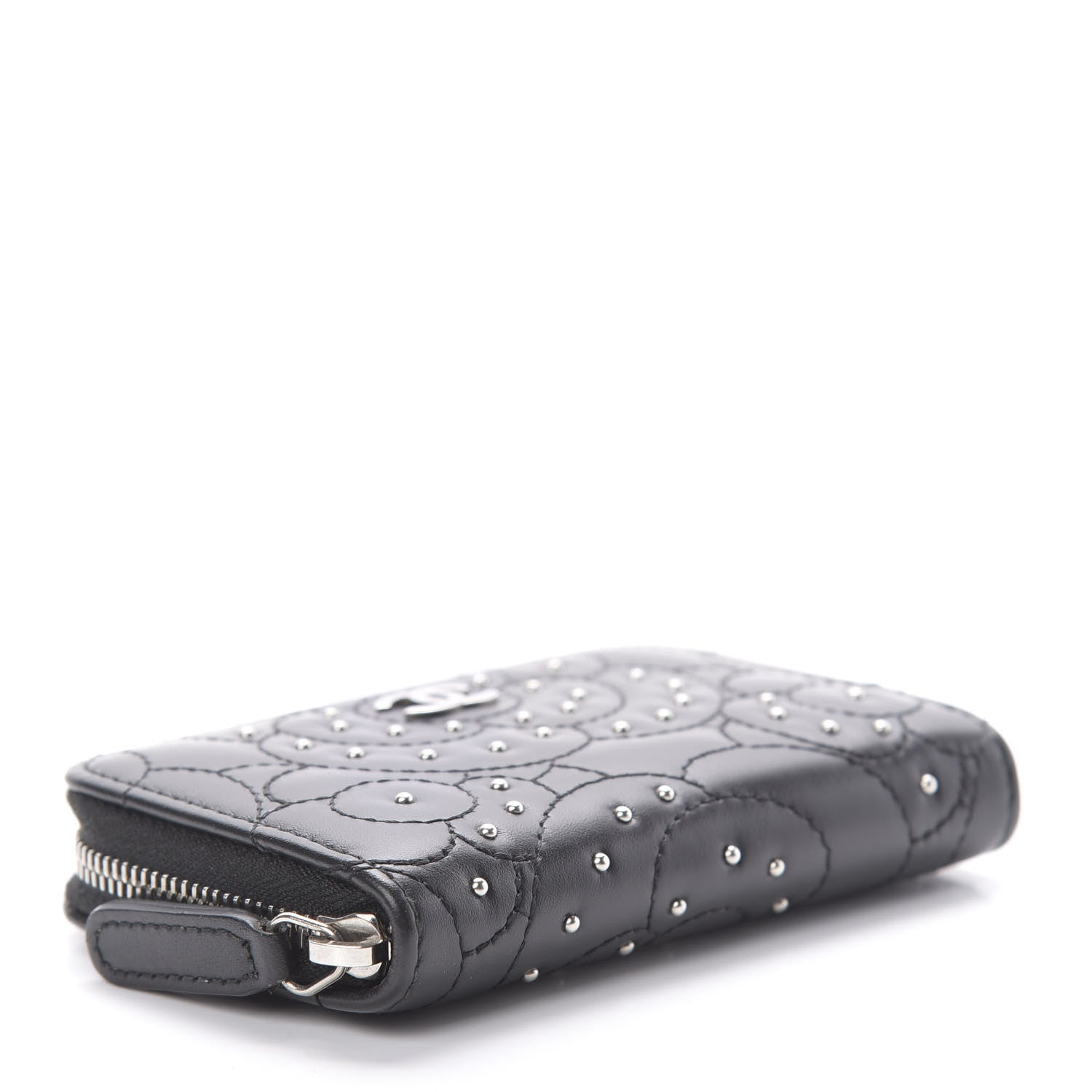 Chanel Lambskin Camellia Embossed Studded Zip Coin Purse Black 5 of 7